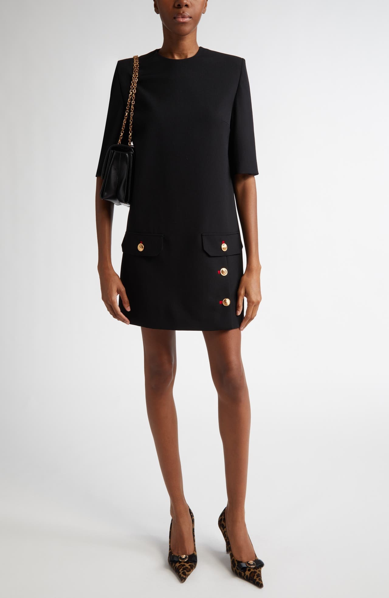 Versace Button Detail Virgin Wool Minidress in Black at Nordstrom - 1