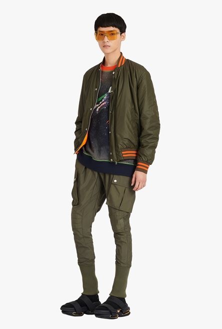 Khaki bomber jacket with orange Balmain logo - 2