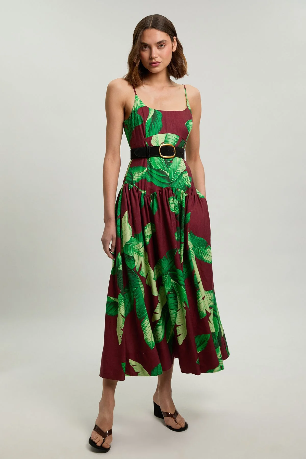 Viscose Linen Palm Tree Belted Drop Waist Woven Midi Dress - 1