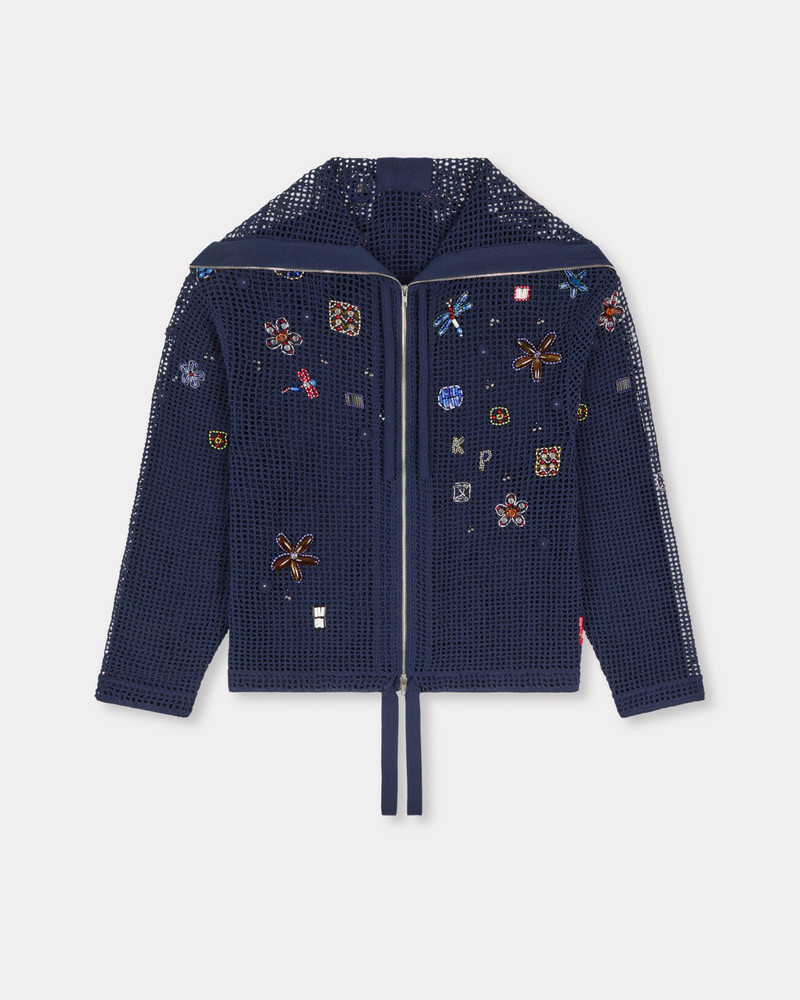 Oversized embroidered zip-up knitted hooded sweatshirt in cotton mesh 1