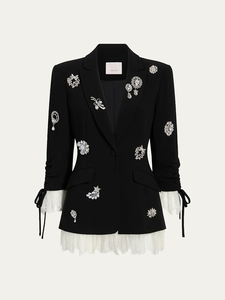 Roxie Crystal Brooch Blazer with Lace Trim - 1