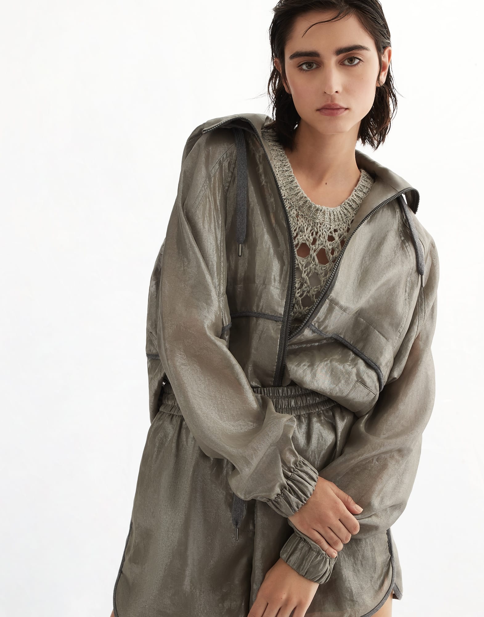 Lamé cotton gauze hooded outerwear jacket with shiny trims - 4