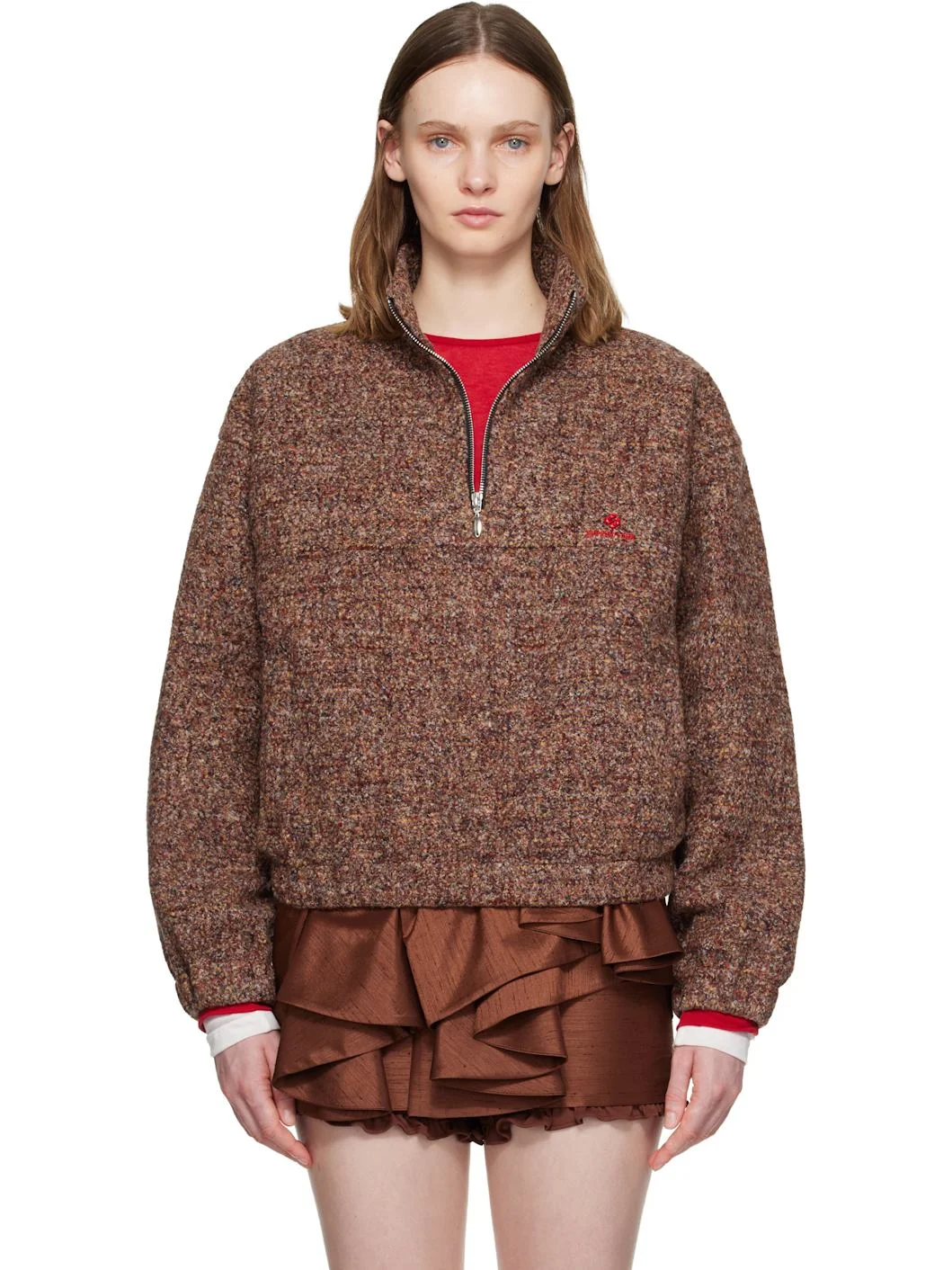 Brown Stand Neck Pullover Sweater - 1