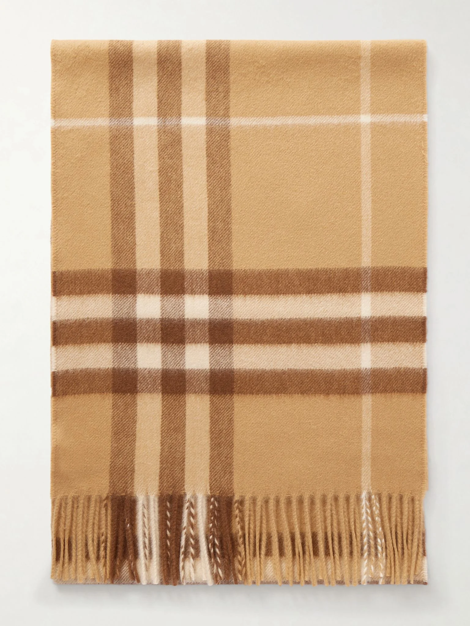 Fringed checked cashmere scarf Beige - 1