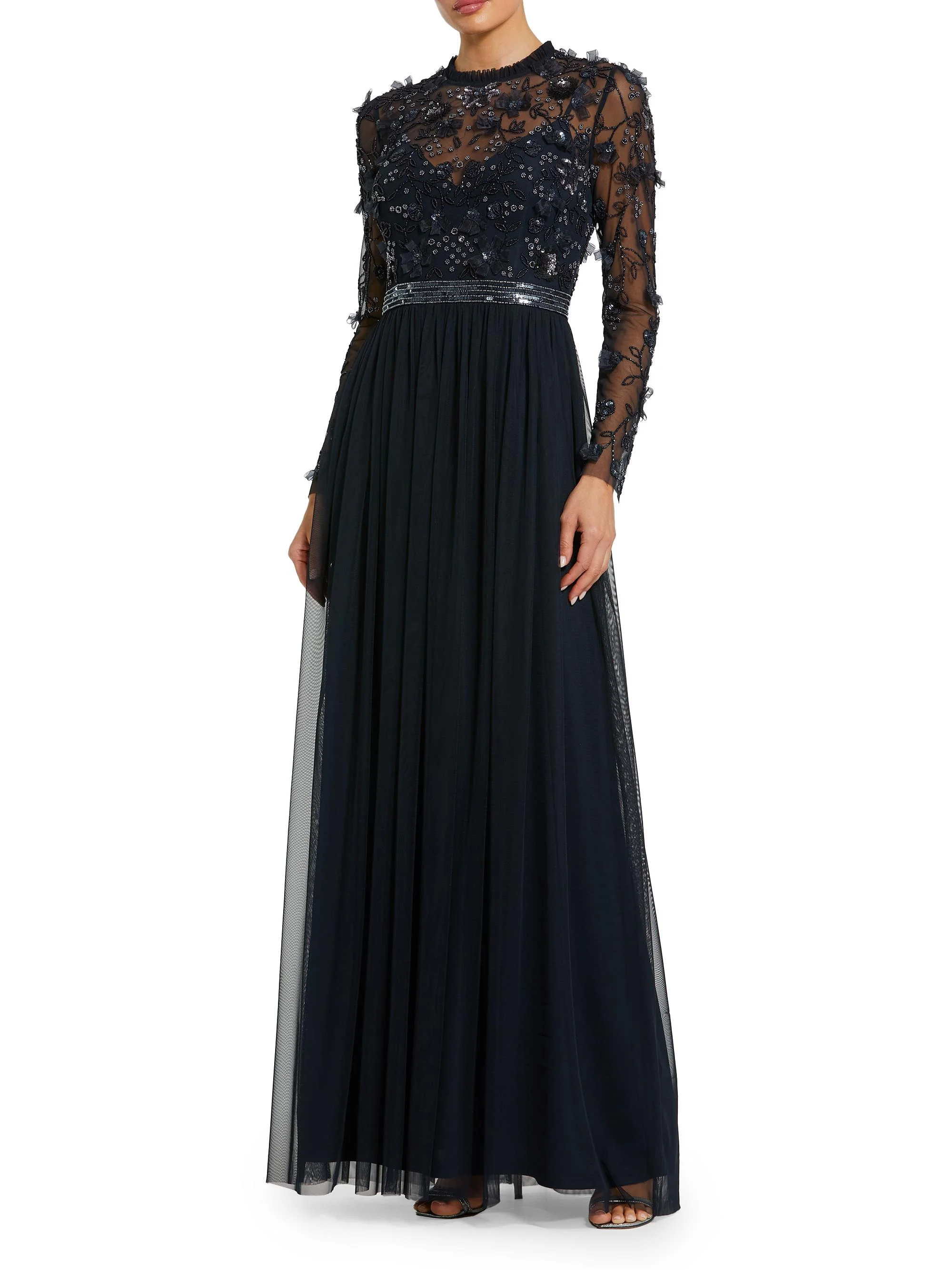 Women's Petite Floral-Embroidered One-Shoulder Gown - Midnight Multi - 1