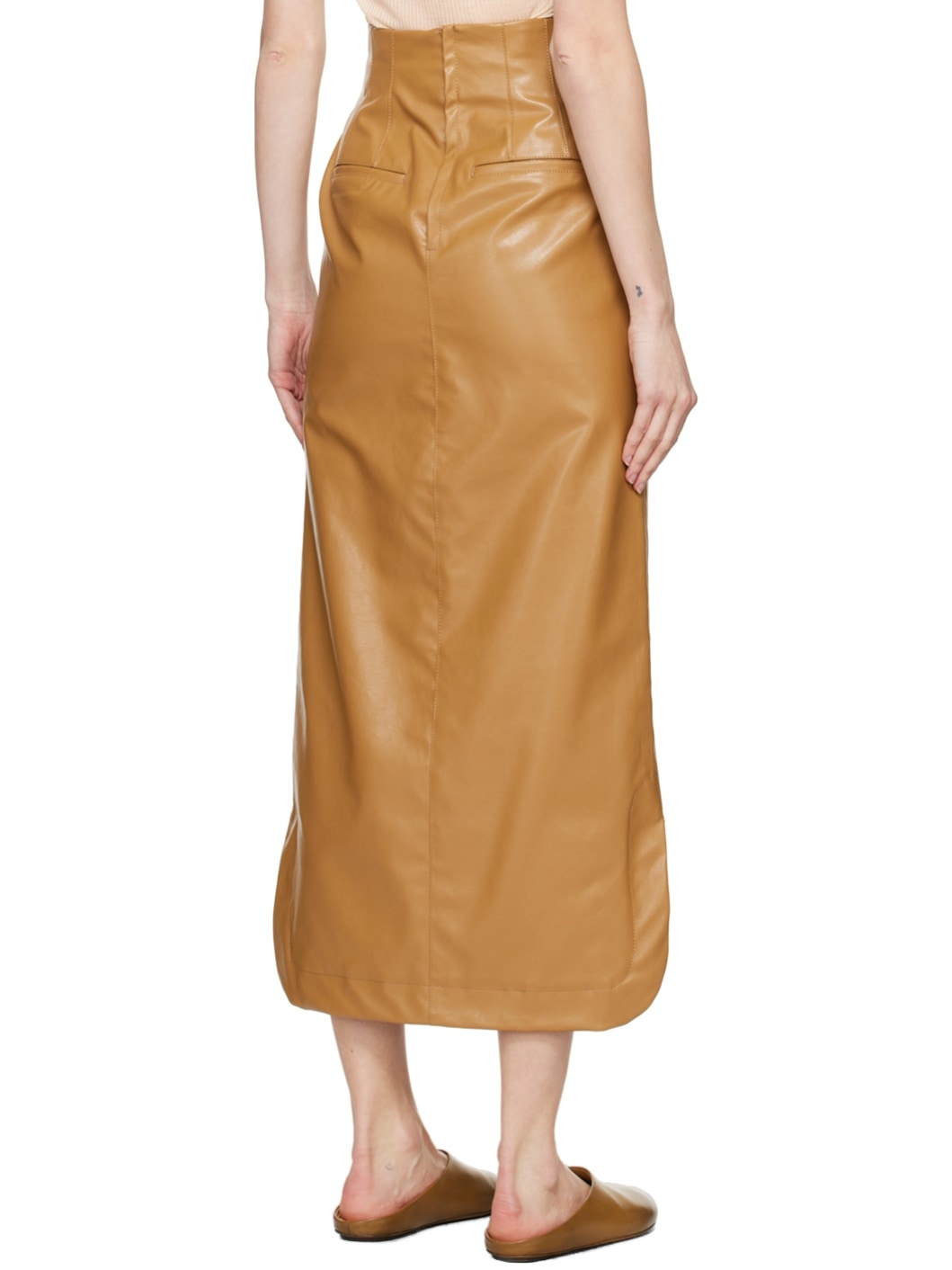 Beige Four-Pocket Faux-Leather Maxi Skirt - 3