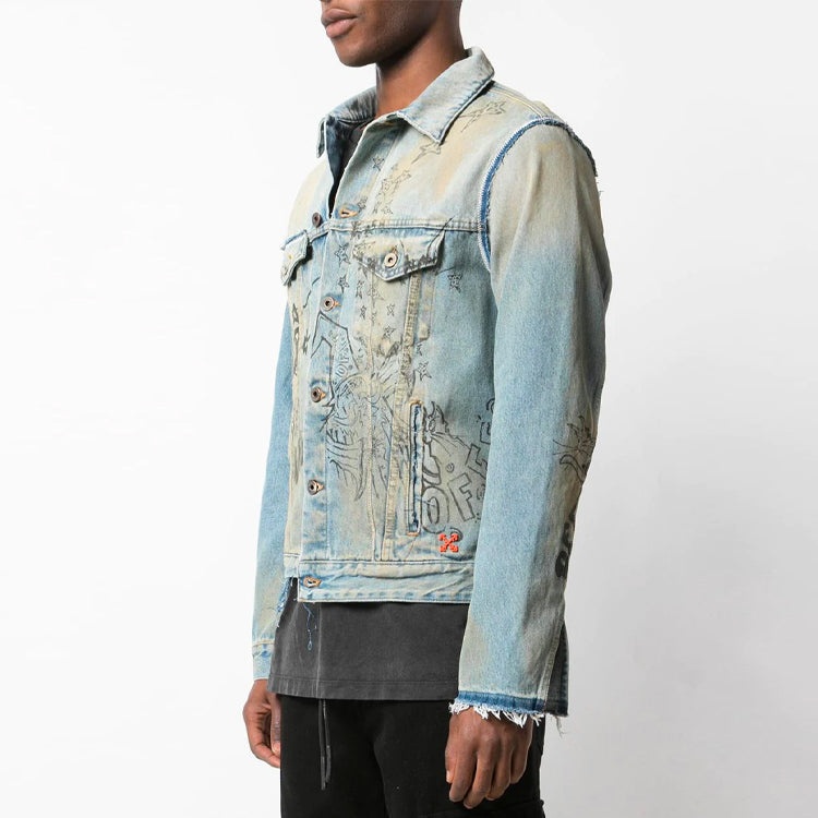 Men's Off-White Graffiti Denim Blue Jacket OMYE049F193860441428 - 5