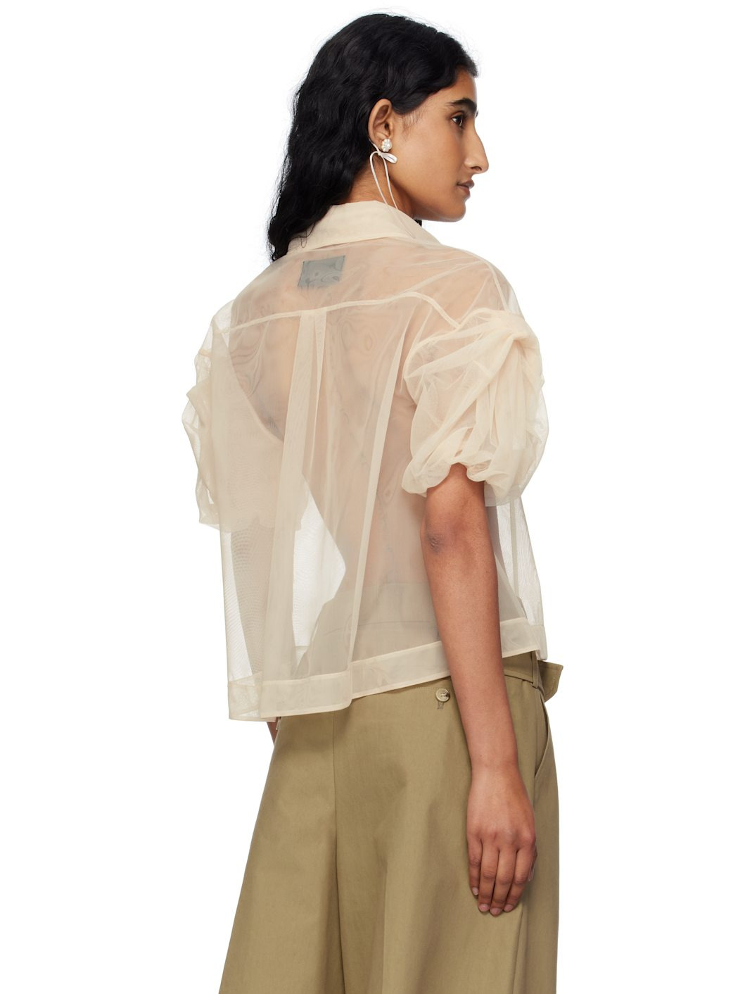 Beige Sheer Cropped Bow Puff Sleeve Shirt - 3