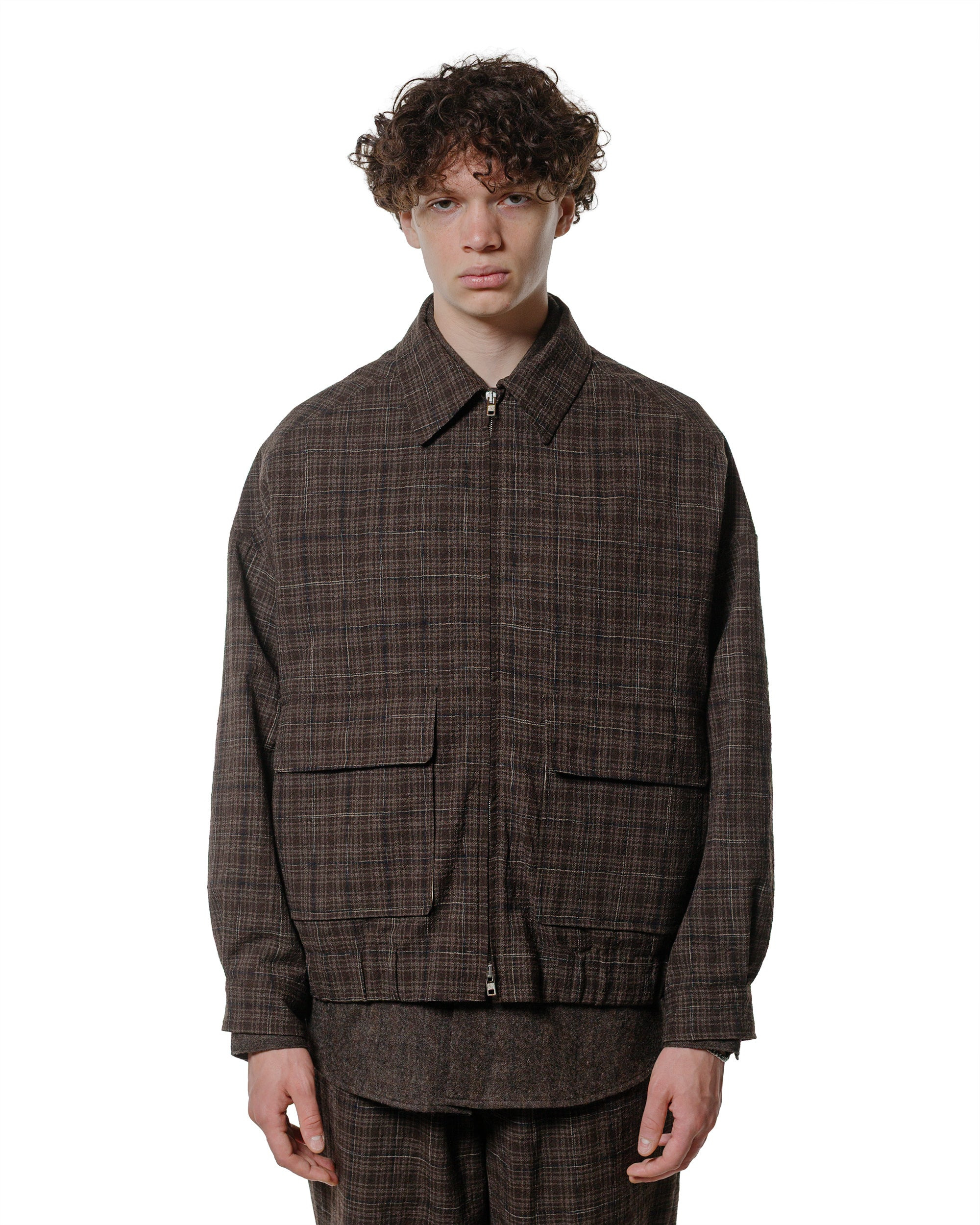 Zip Jacket Two Kasuri Wool Check Brown/Beige/Navy - 2
