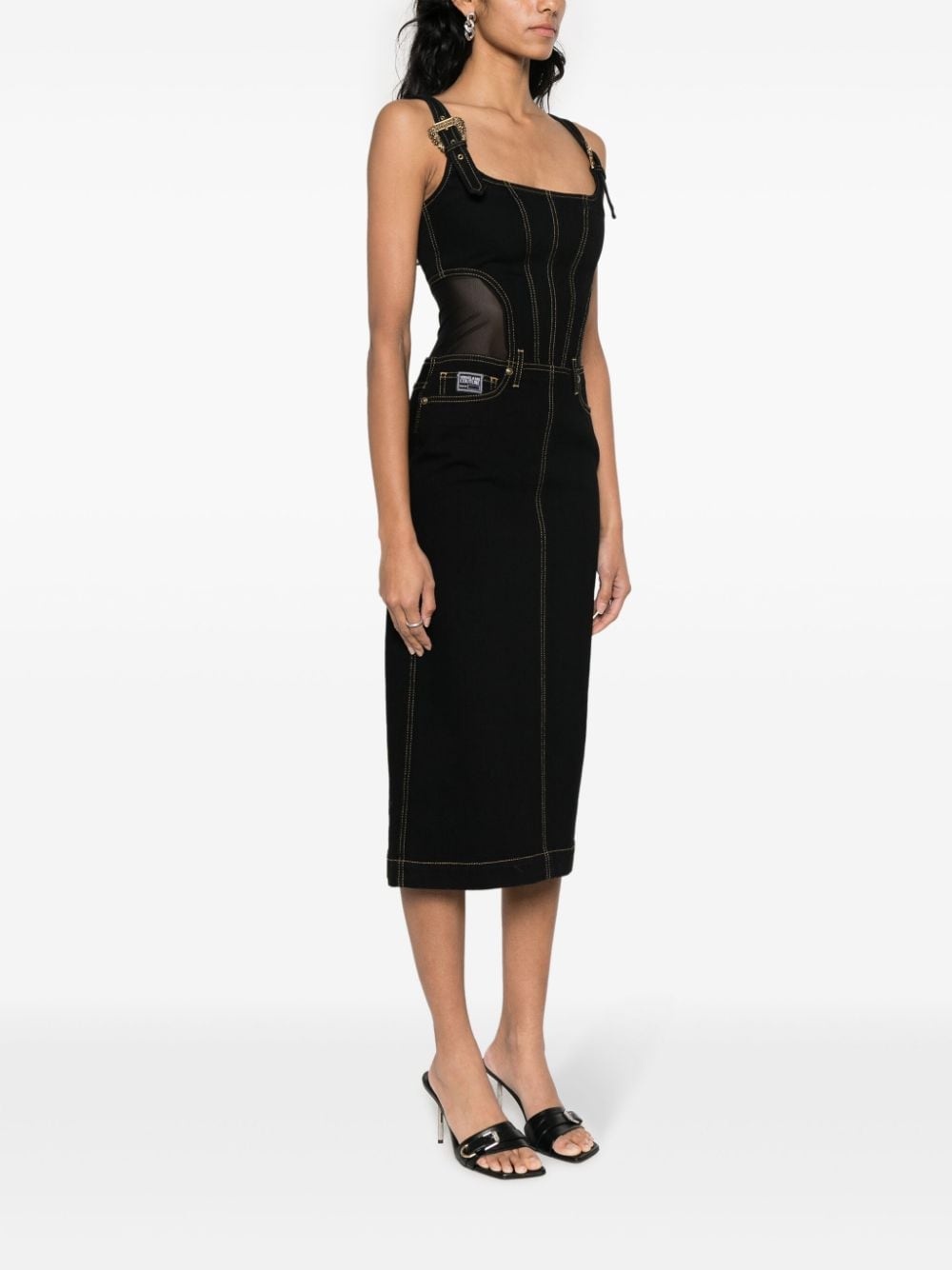 contrast-stitching denim dress - 3