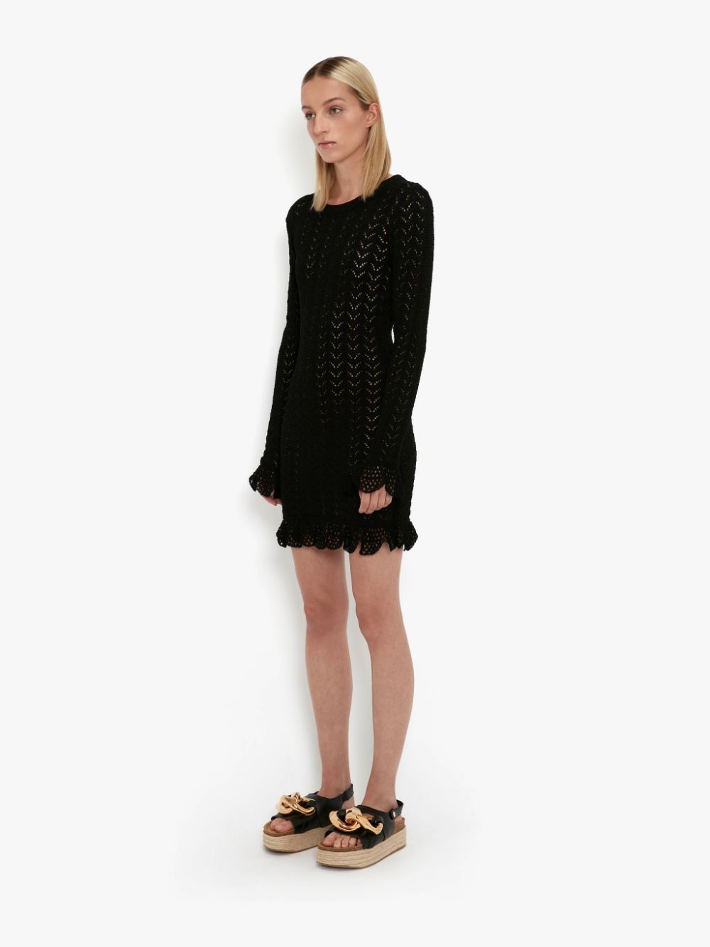 FRILL DETAIL LONG SLEEVE CROCHET EFFECT DRESS - 3