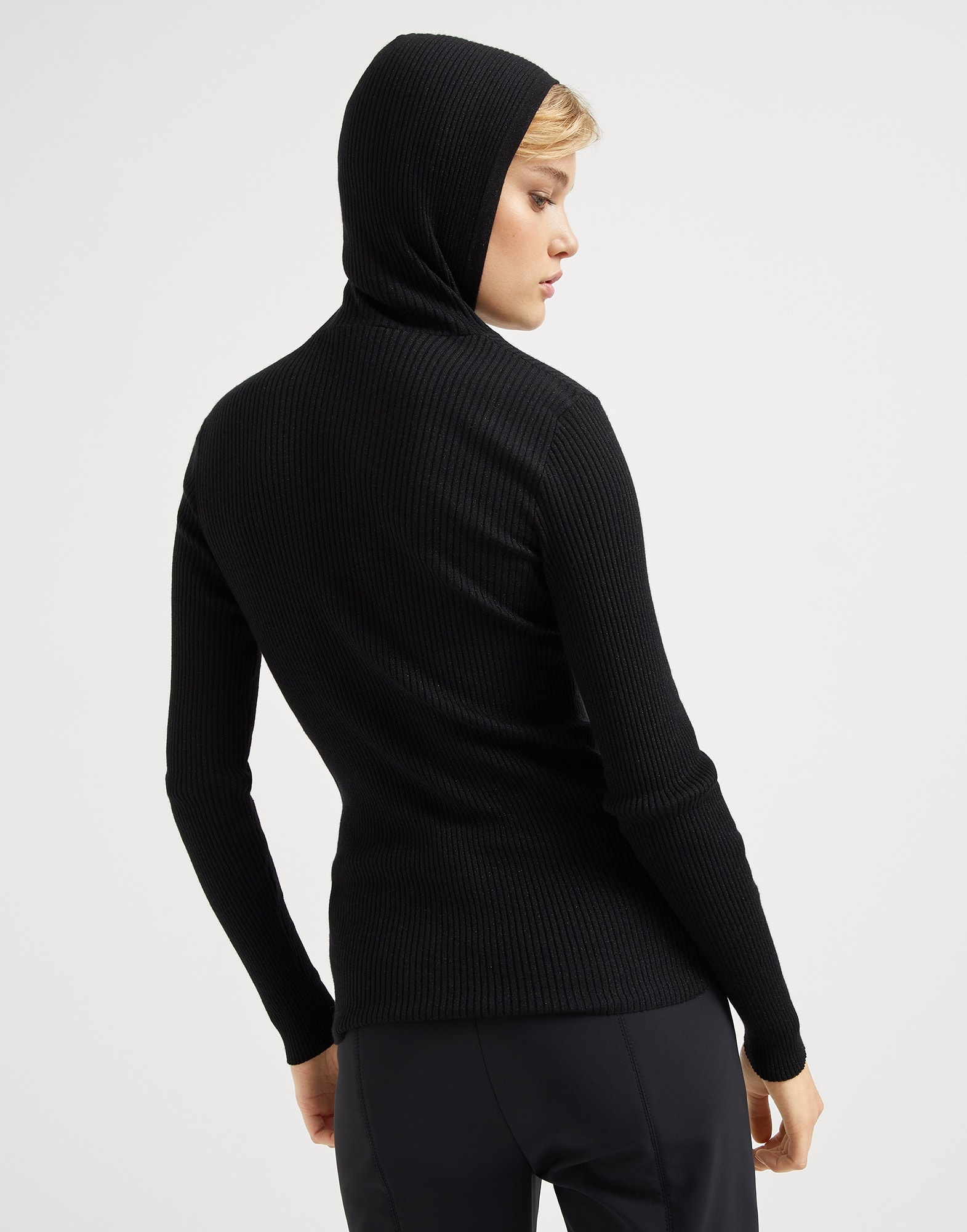 Sparkling cashmere and silk lightweight rib knit hooded sweater with shiny detail - 2
