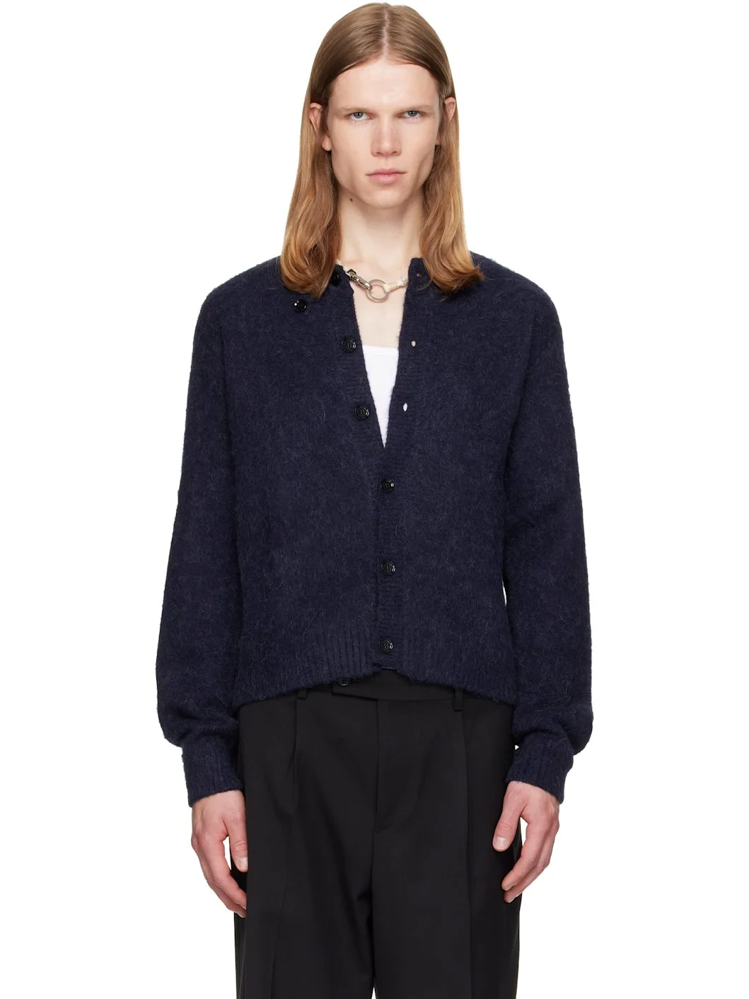 Navy Brushed Wool Crew-Neck Cardigan - 1