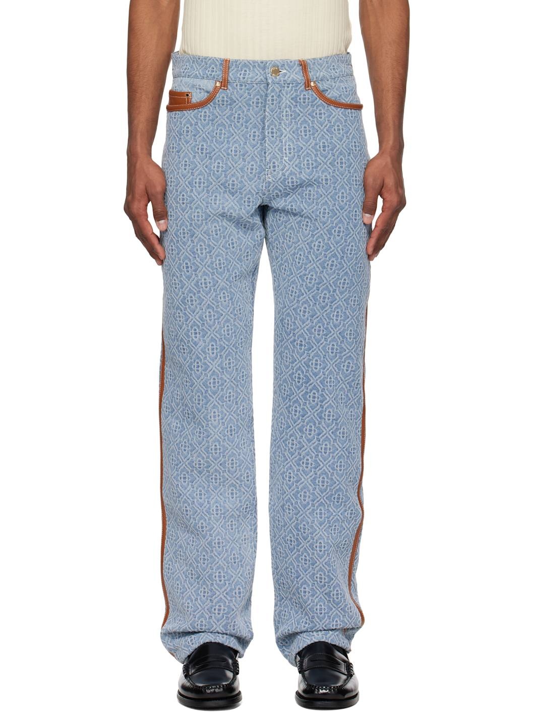 Blue Diamond Monogram Leather Trim Jeans - 1