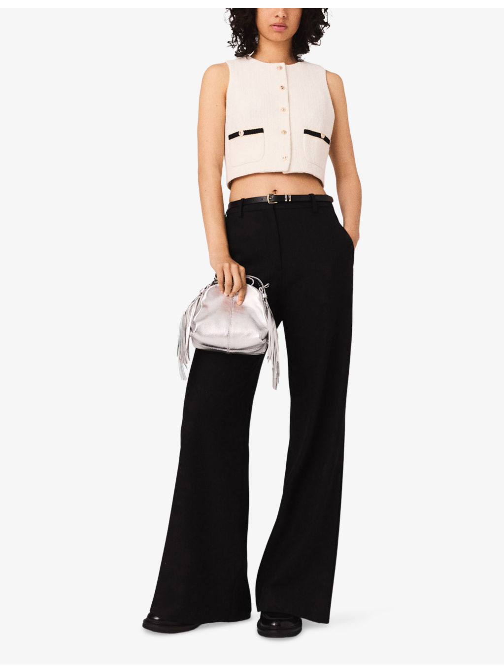 Contrast-Trim Short Sleeveless Tweed Top - 2