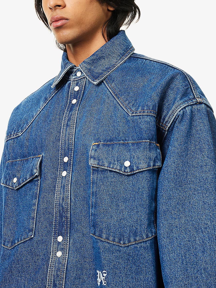 Brand-embroidered point-collar denim shirt - 5