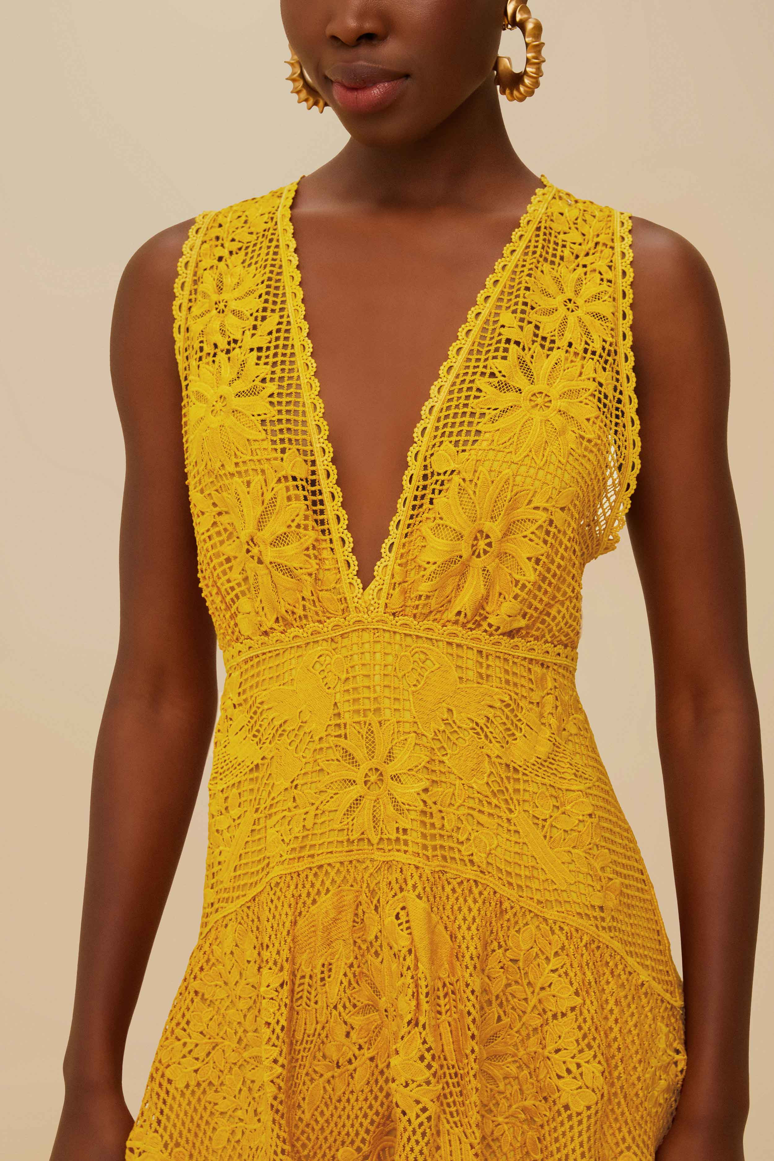 Landscape Guipure Mustard Yellow Midi Dress - 2