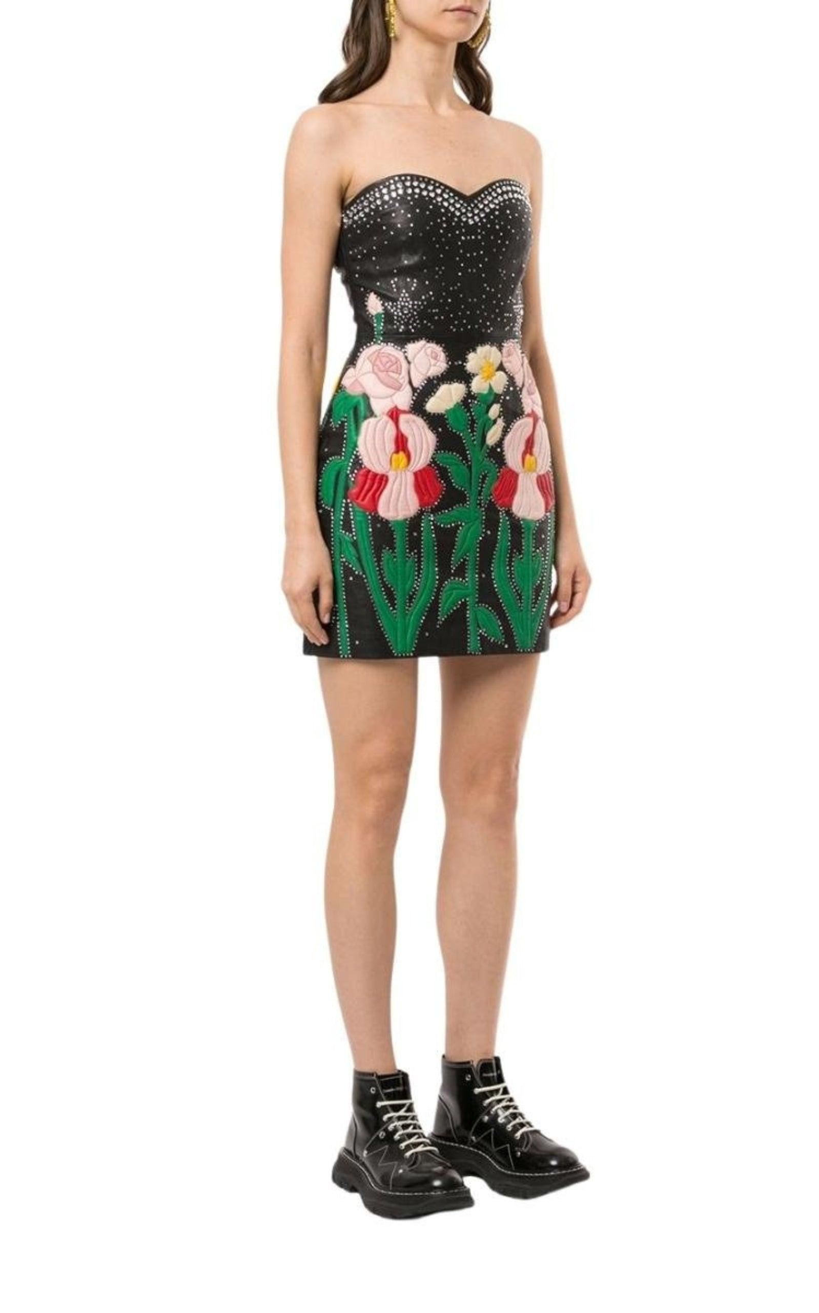Leather Flower Intarsia Strapless Dress - 3