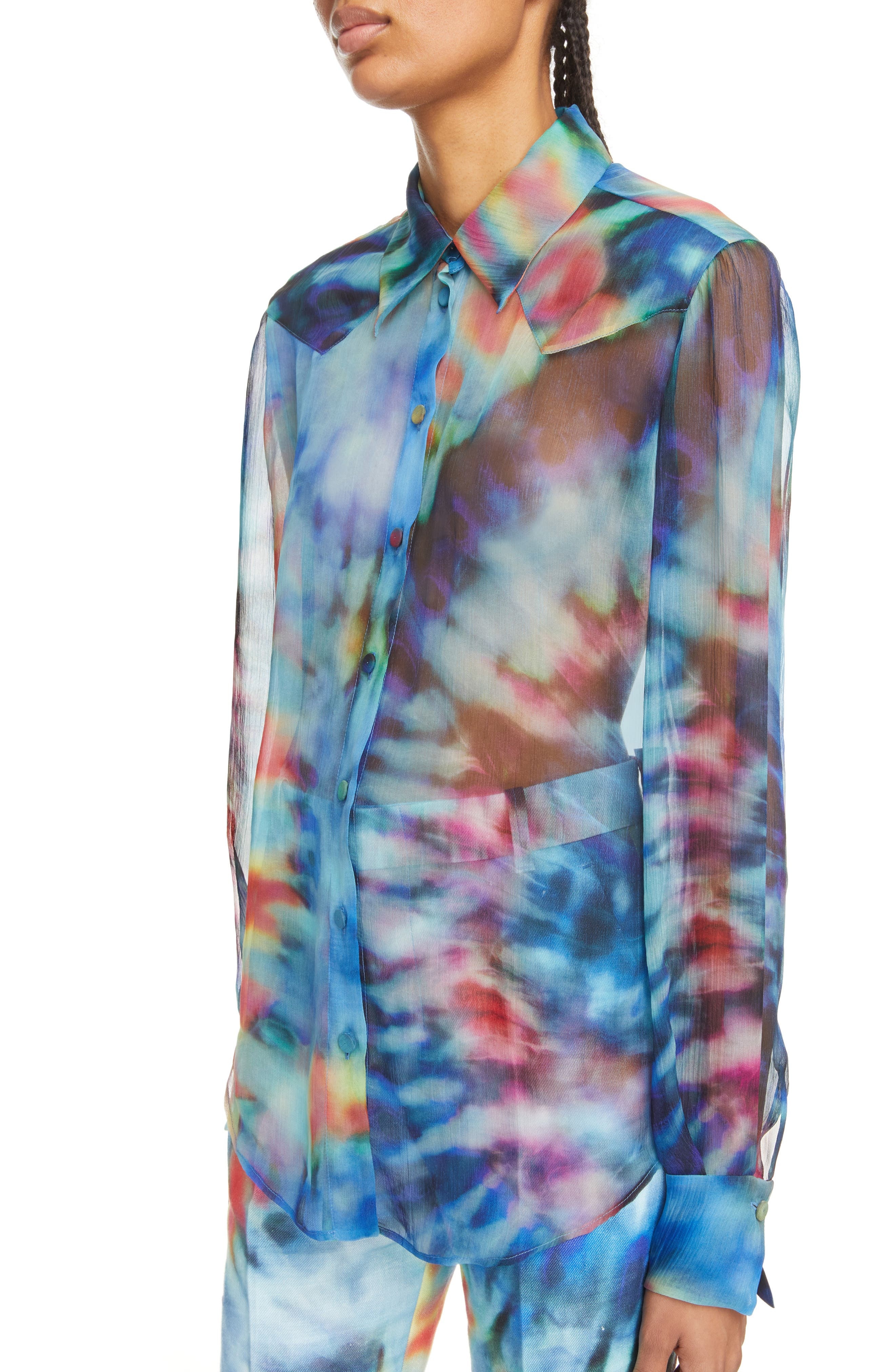 Chloé Tie Dye Silk Button-Up Blouse in 4Za-Multicolor Blue 1 at Nordstrom, Size 2 Us - 4