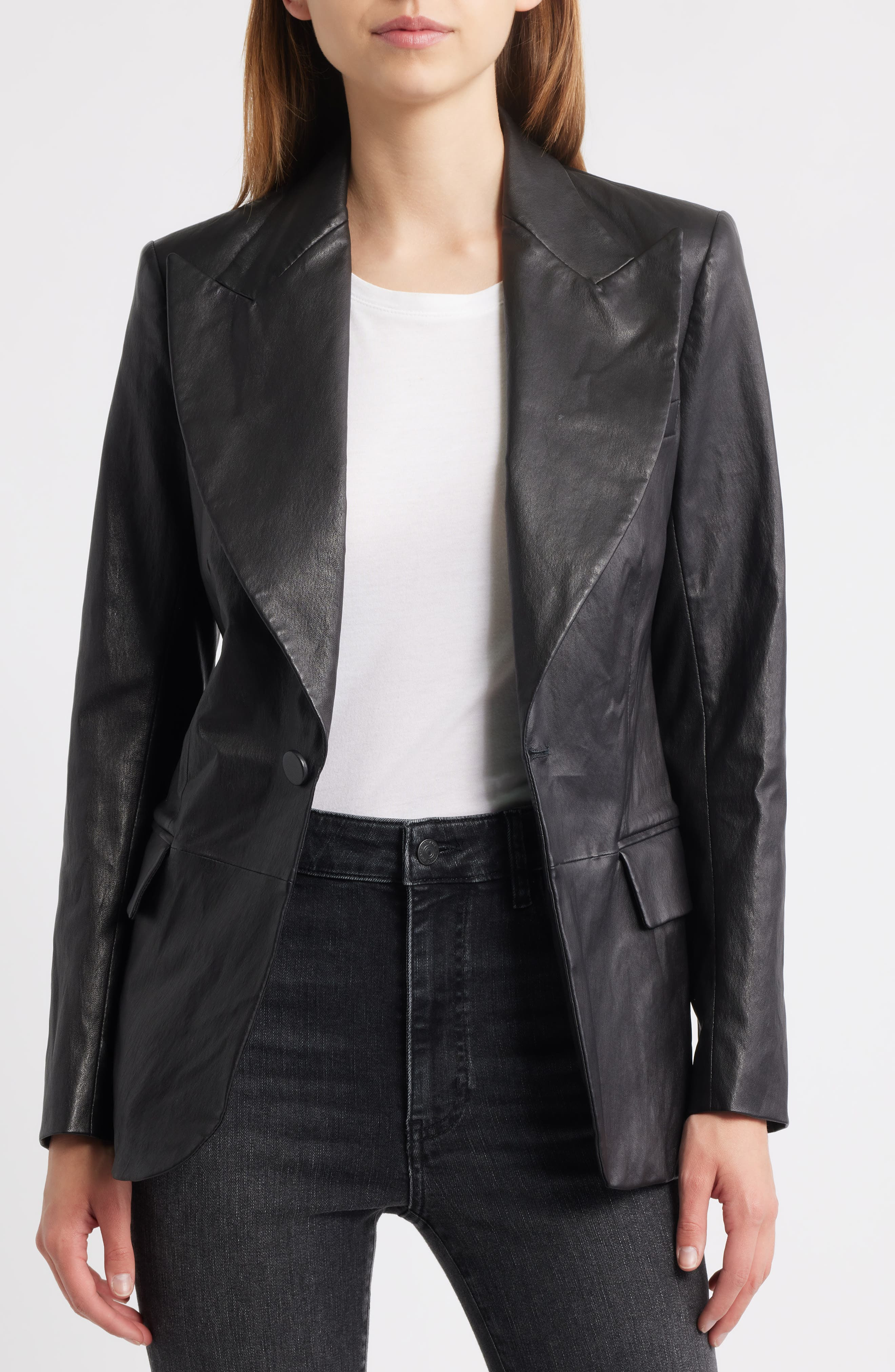 FRAME The Peak Lapel Faux Leather Blazer in Black at Nordstrom - 4