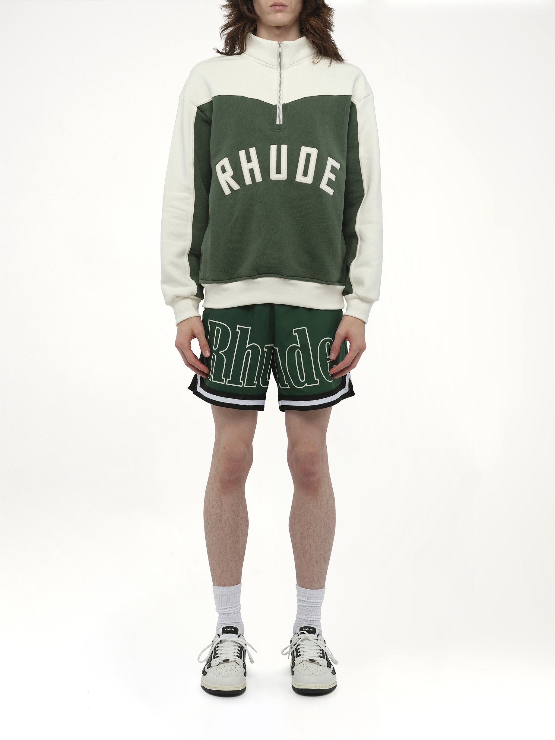 Rhude Monaco Half-Zip Sweatshirt in Hunter Green/Cream - 7