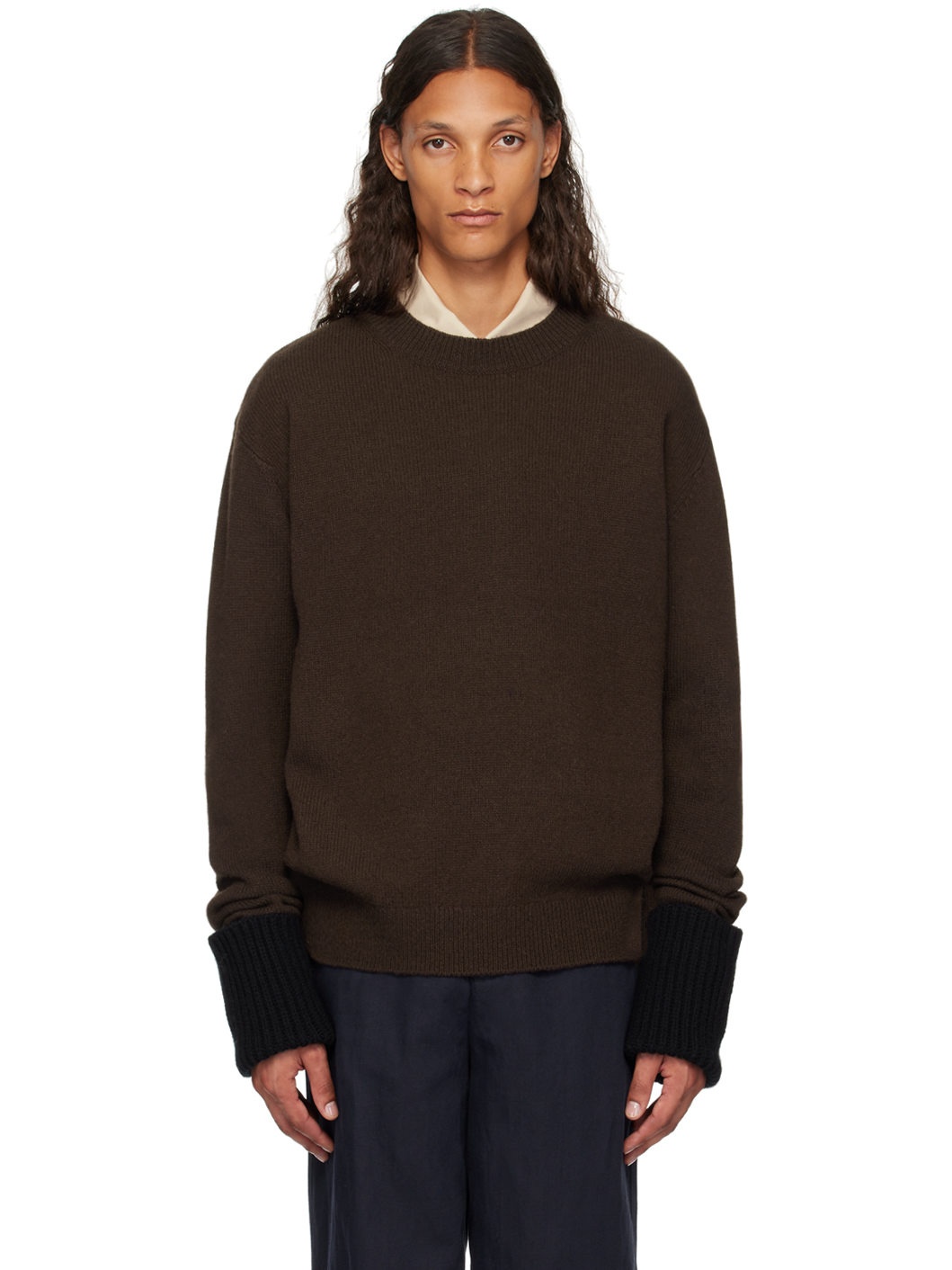 Brown Rolled Cuff Sweater - 1
