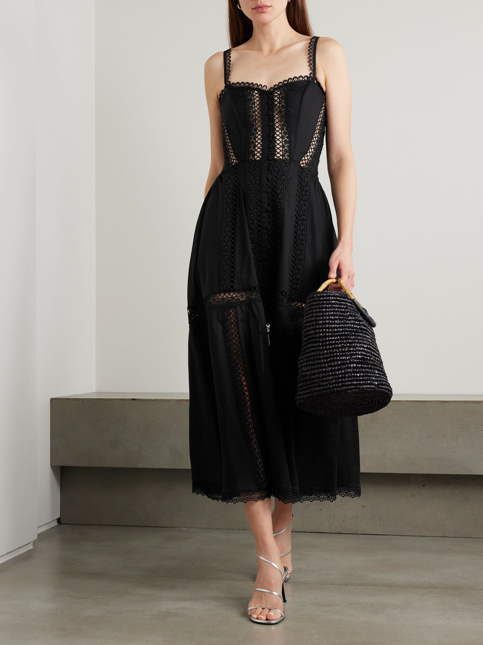 Dafelle scalloped guipure lace-trimmed cotton-blend voile midi dress Black - 2