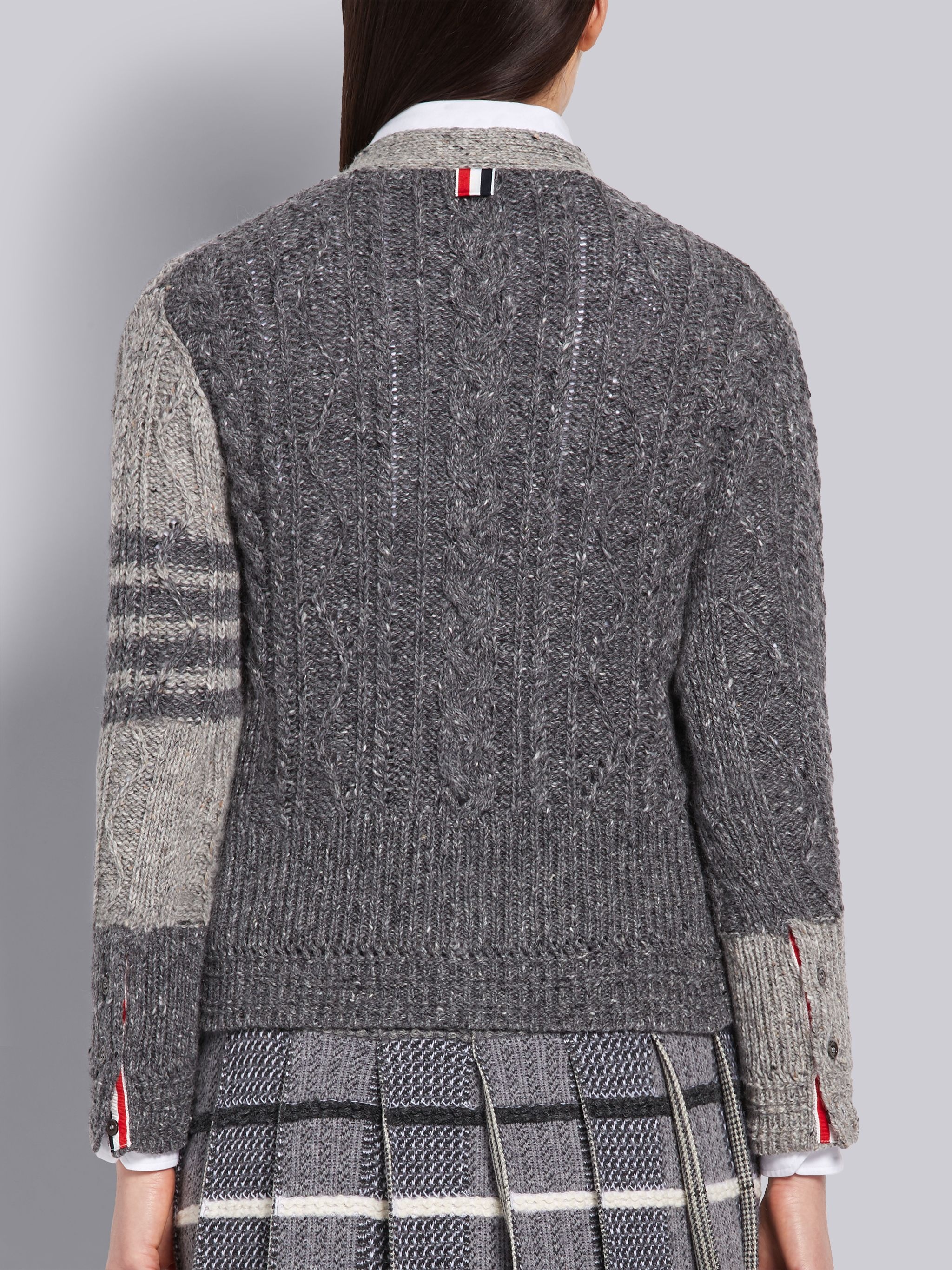 Tonal Grey Fun-mix Mohair Wool Tweed Aran Cable Classic V-neck 4-Bar Cardigan - 3