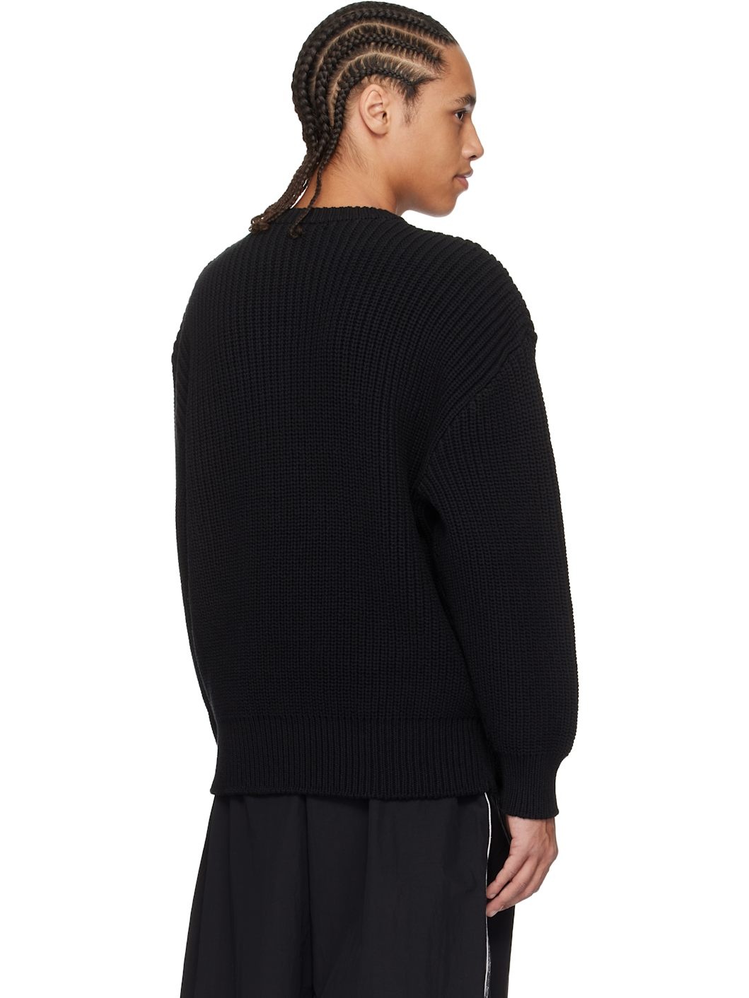 Black Half Cardigan Knit Crewneck Sweater - 3