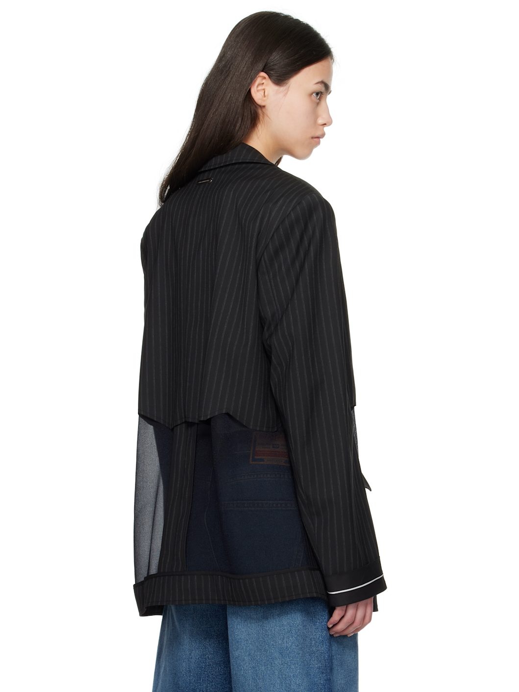 Black Inside Out Stripe Sheer Blazer - 3