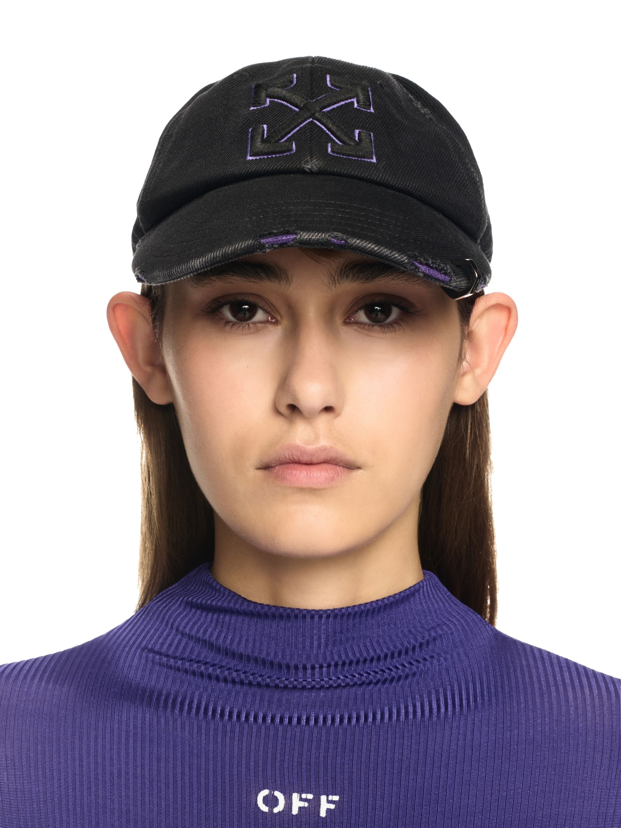 Black/purple Distressed Denim Baseball Cap - 4