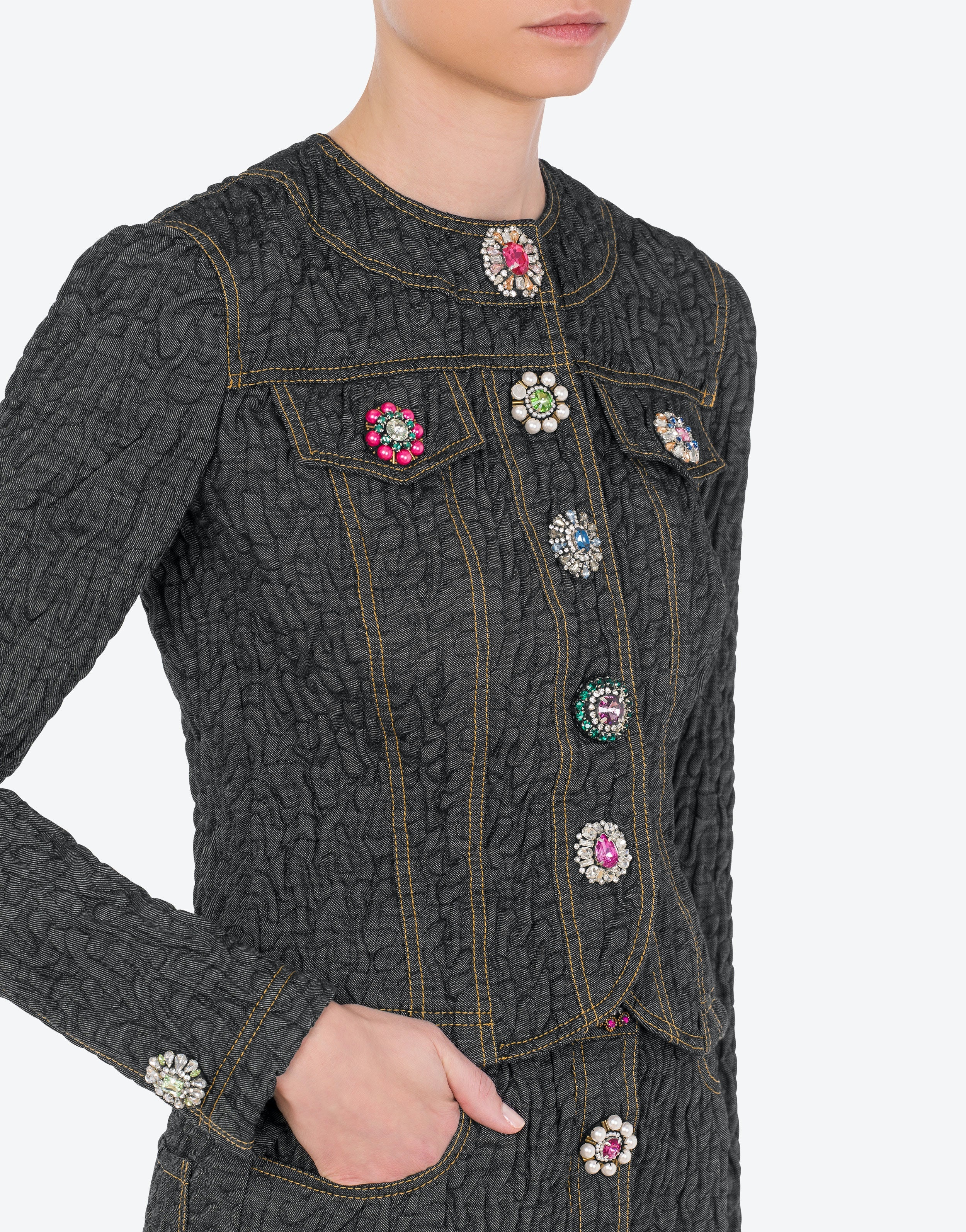 JEWEL FLOWERS BLACK DENIM JACKET - 4