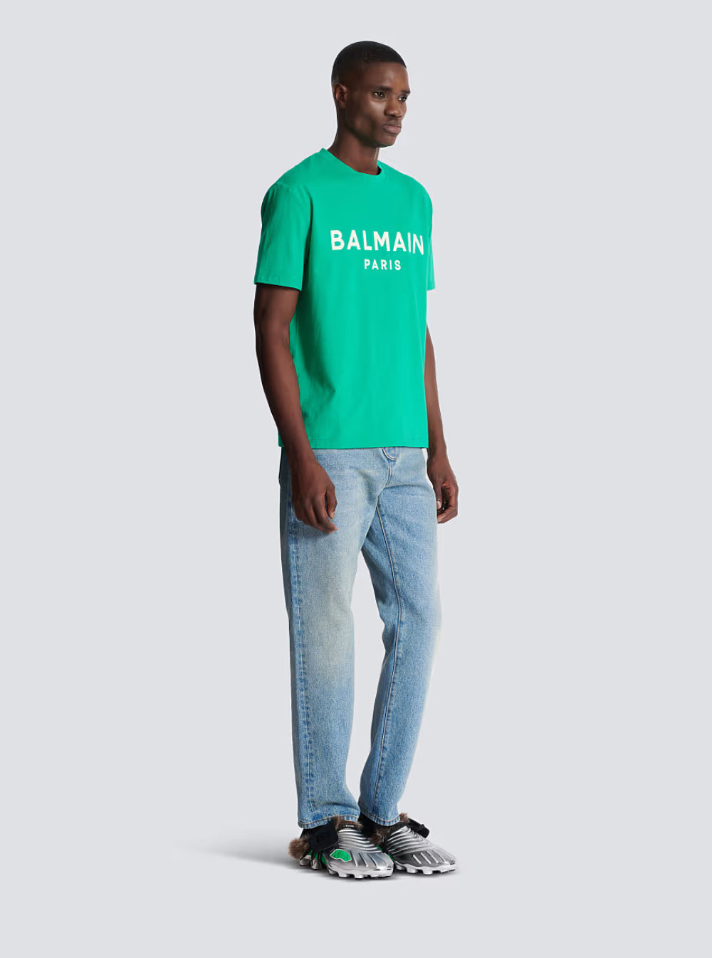 Balmain Men Green Crewneck T-Shirt With Logo Lettering Print On The Front In Cotton Man - 4