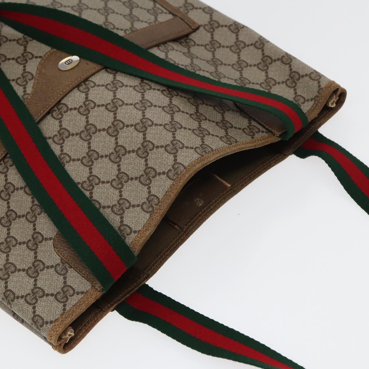 GUCCI GG Canvas Web Sherry Line Tote Bag Pvc Leather Beige Green Red - 6