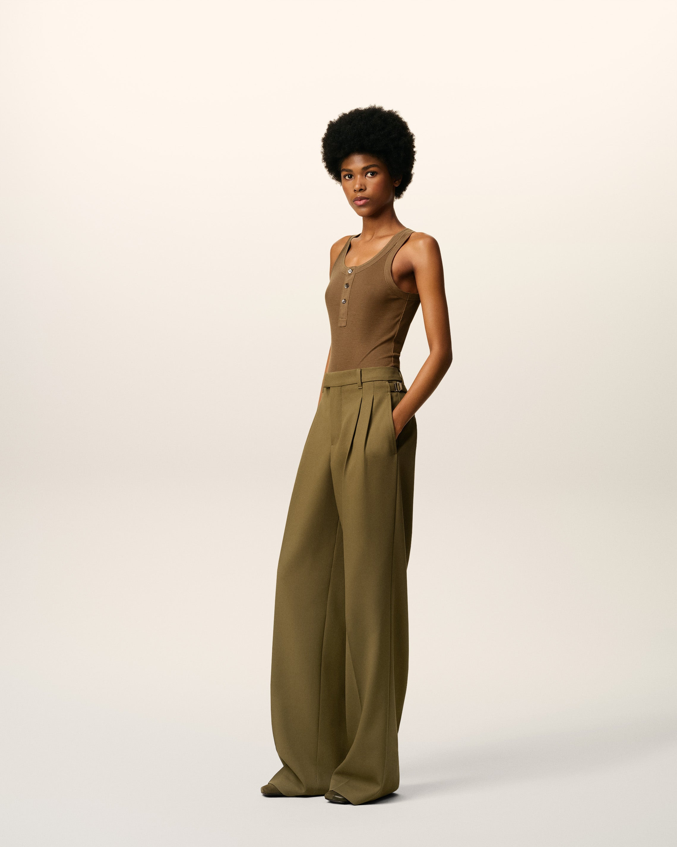 GREEN WOOL TABS WIDE TROUSERS - 6