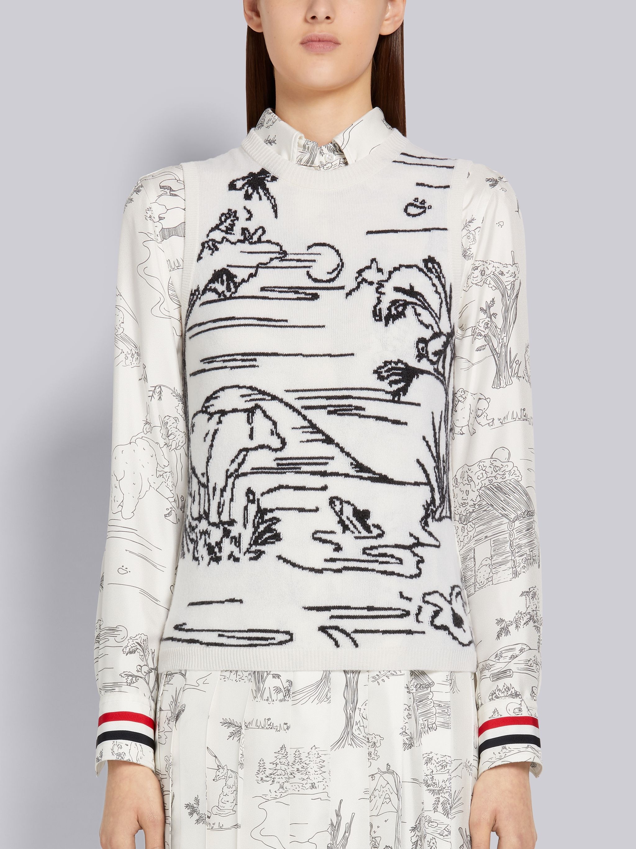 White Animal Camp Toile Intarsia Cashmere Crew Neck Shell Top - 1