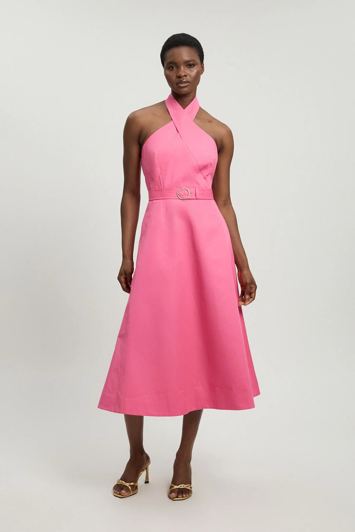 Tailored Cotton Sateen Halter Full Midi Dress - 1