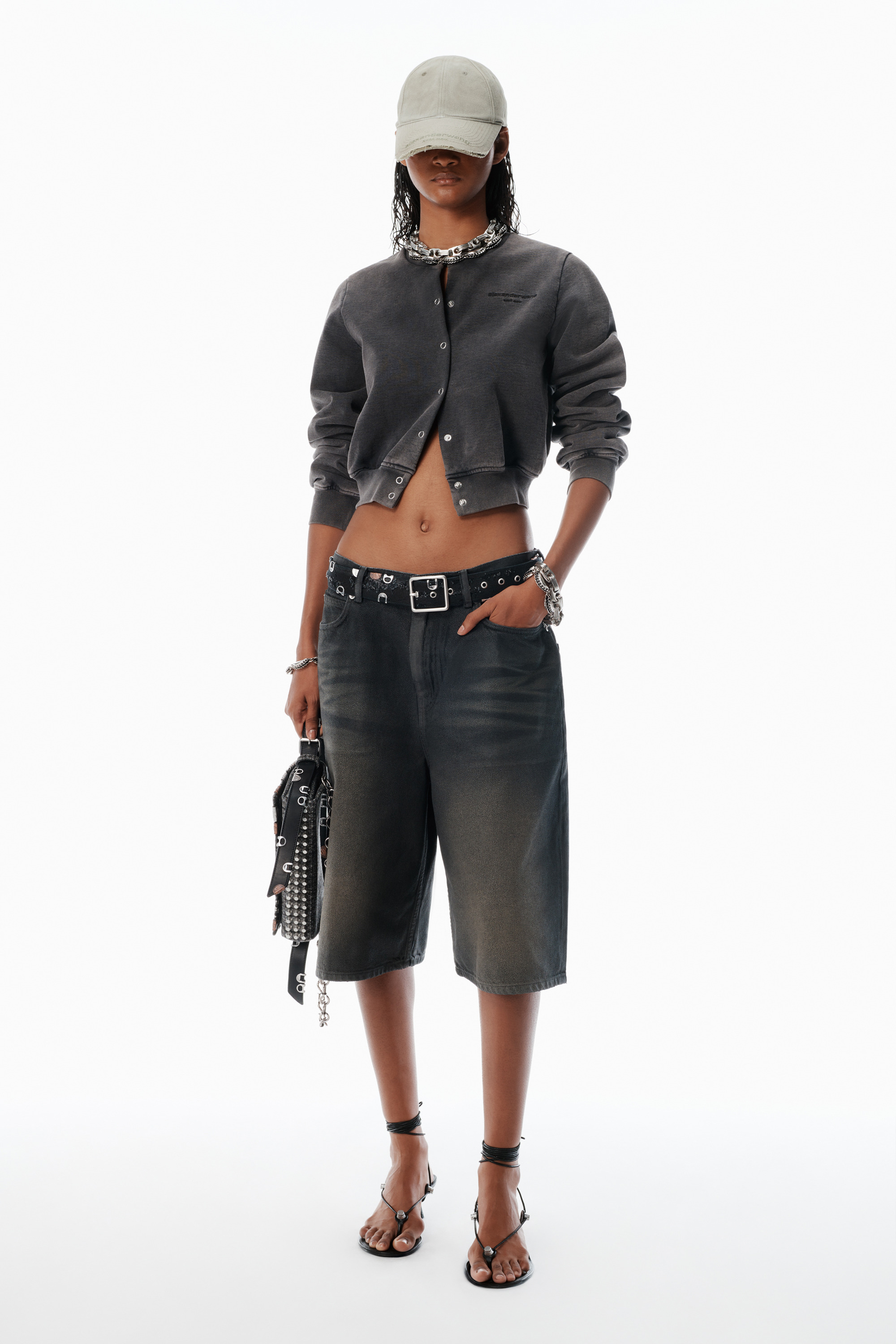 Black Cotton Terry Shrunken Cardigan - 5