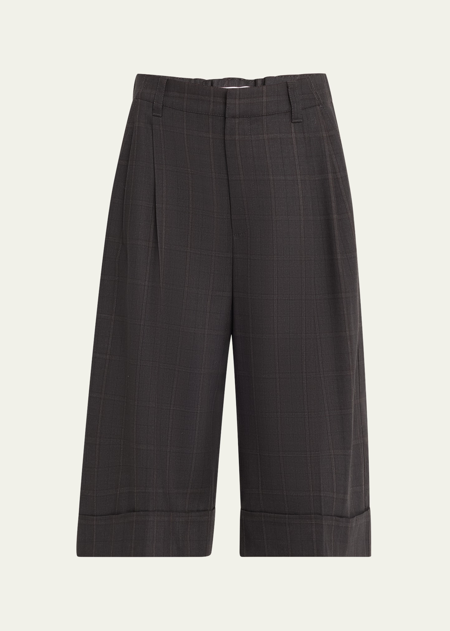 Windowpane Bermuda Pleated Wool Shorts - 1