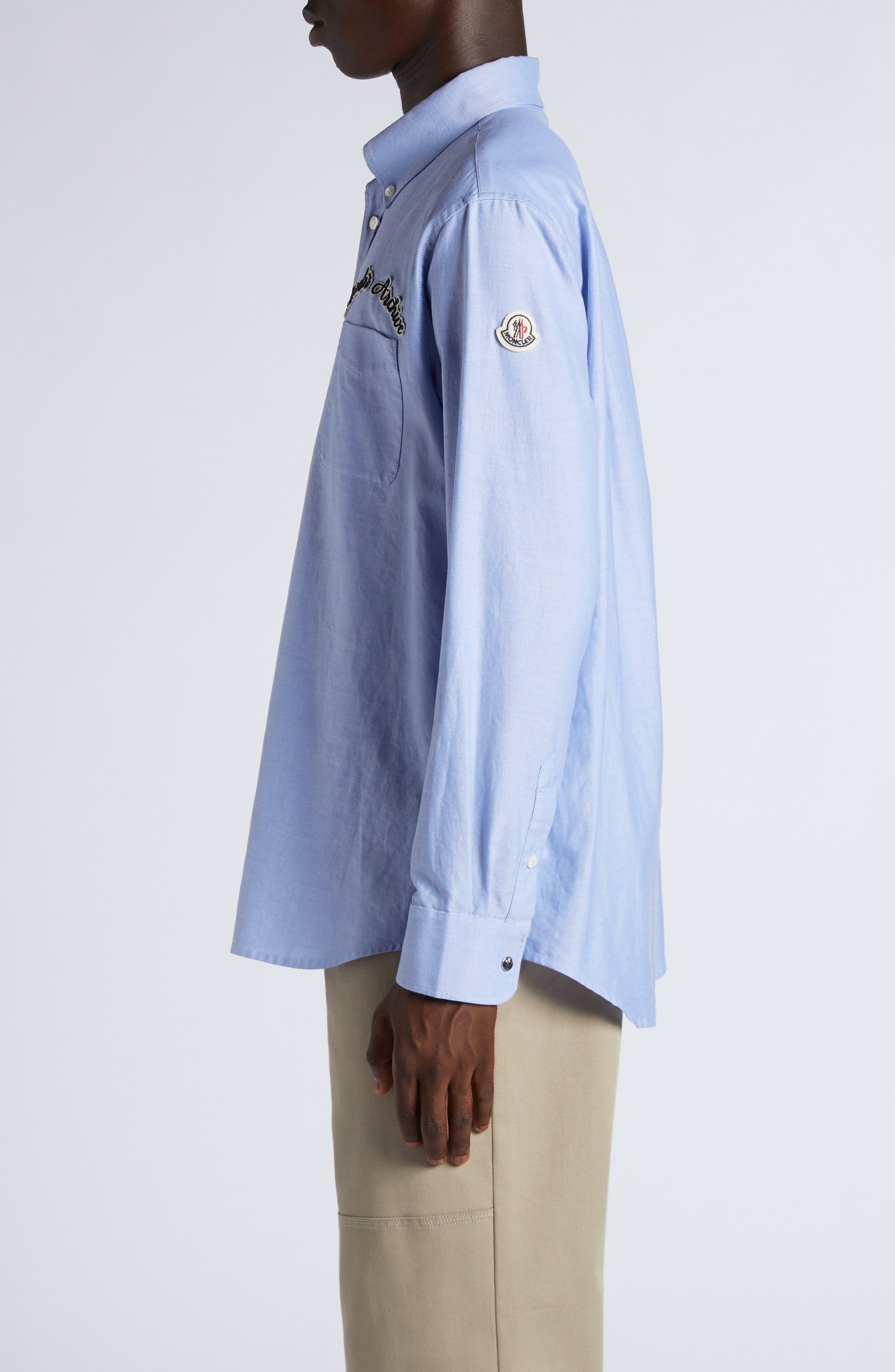 Moncler Archive Logo Patch Cotton Button-Down Shirt in Cool Blue at Nordstrom - 4