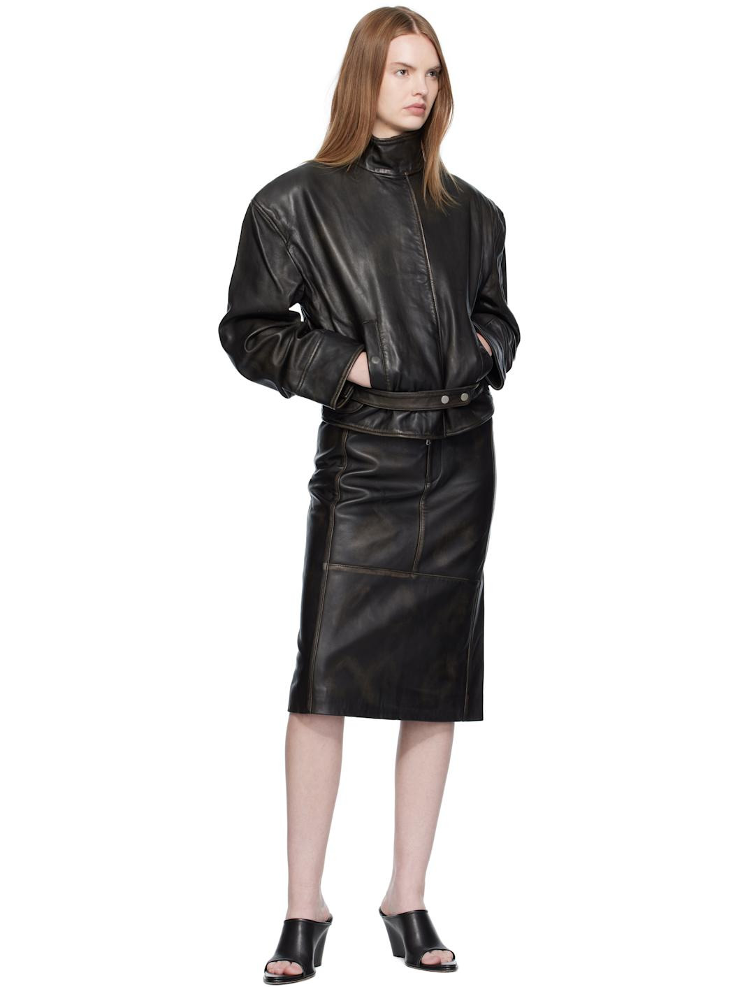 Black Burnished Eddie Leather Midi Skirt - 4