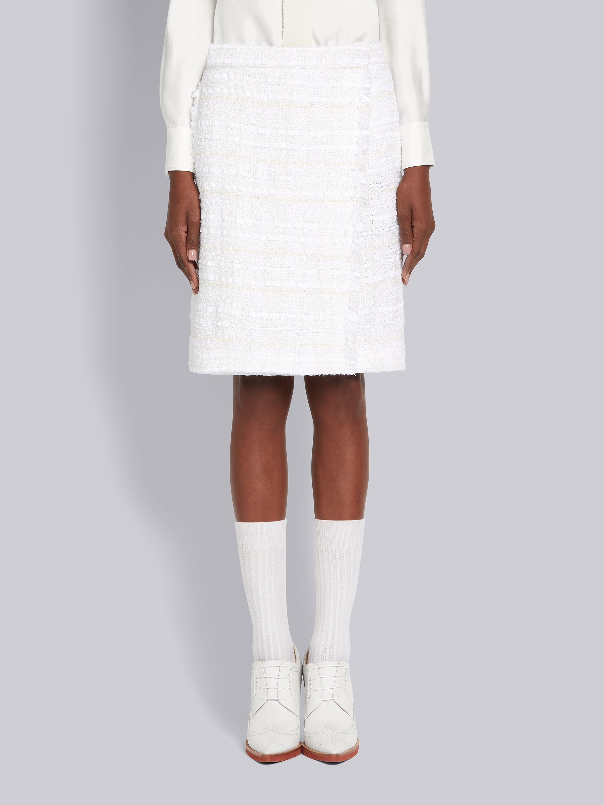 White Cotton Oxford Ribbon Tweed Frayed A-line Bermuda Wrap Short - 1
