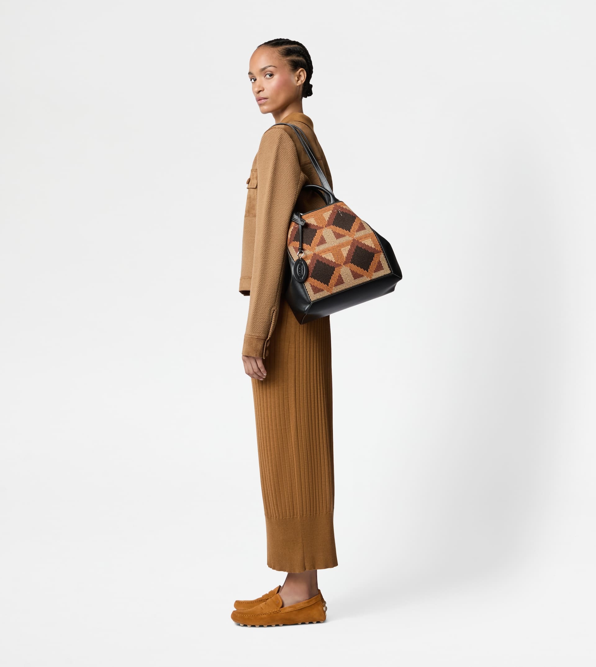 TOD'S DOUBLE UP SHOPPING BAG IN LEATHER AND FABRIC MEDIUM - BLACK, BEIGE, ORANGE - 3