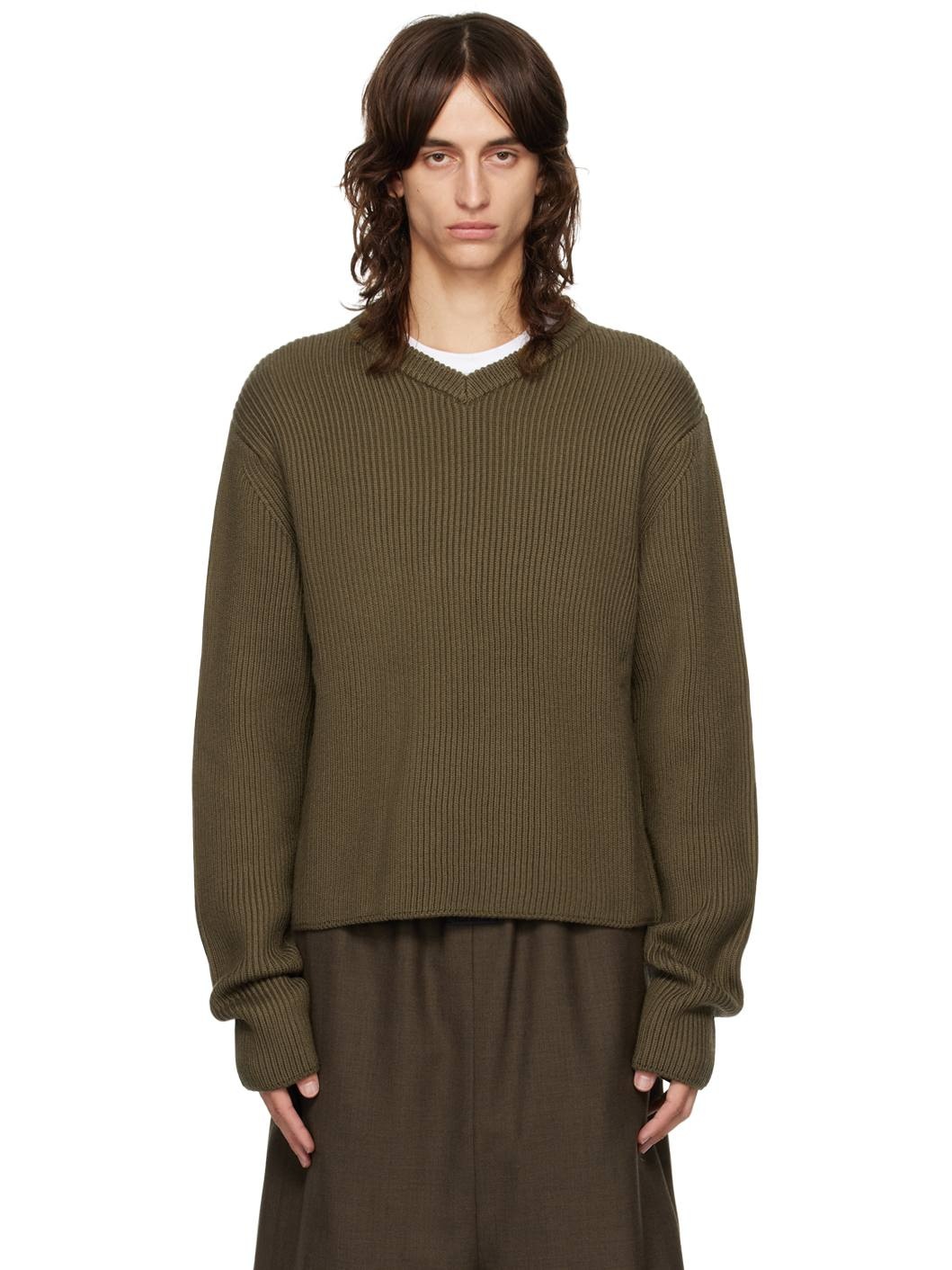 Khaki V-Neck Wool Sweater - 1