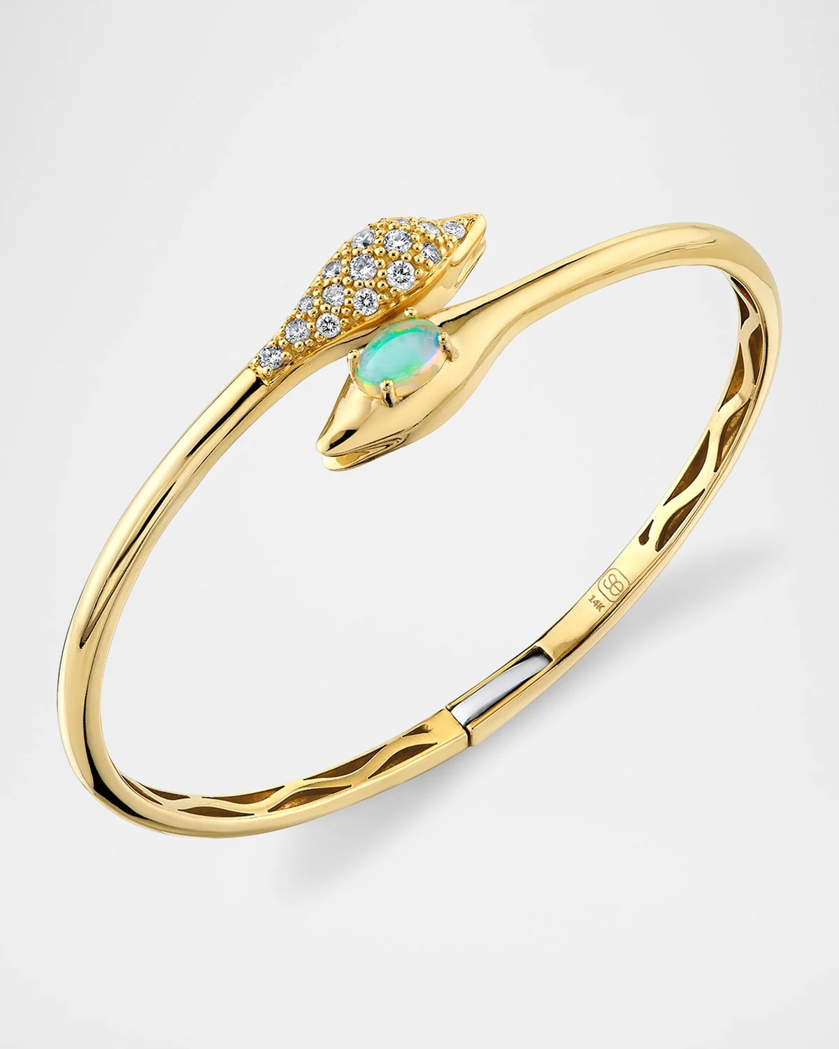 Snake Head Marquis Bangle Bracelet with Diamonds and Opal - 1