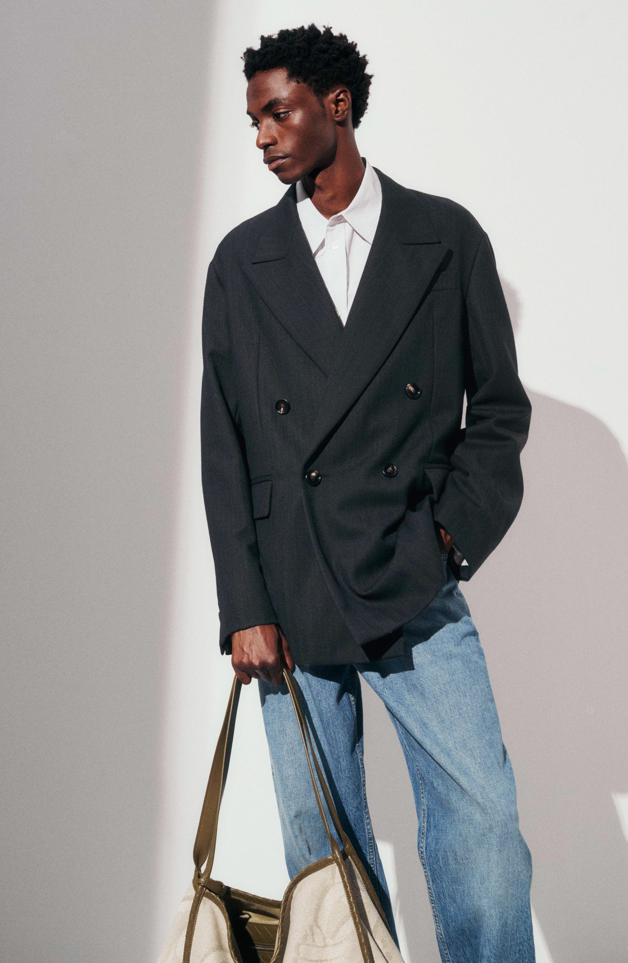 Bottega Veneta Double Breasted Subtle Stripe Wool Blazer in 1292 Black/Dark Blue at Nordstrom - 7