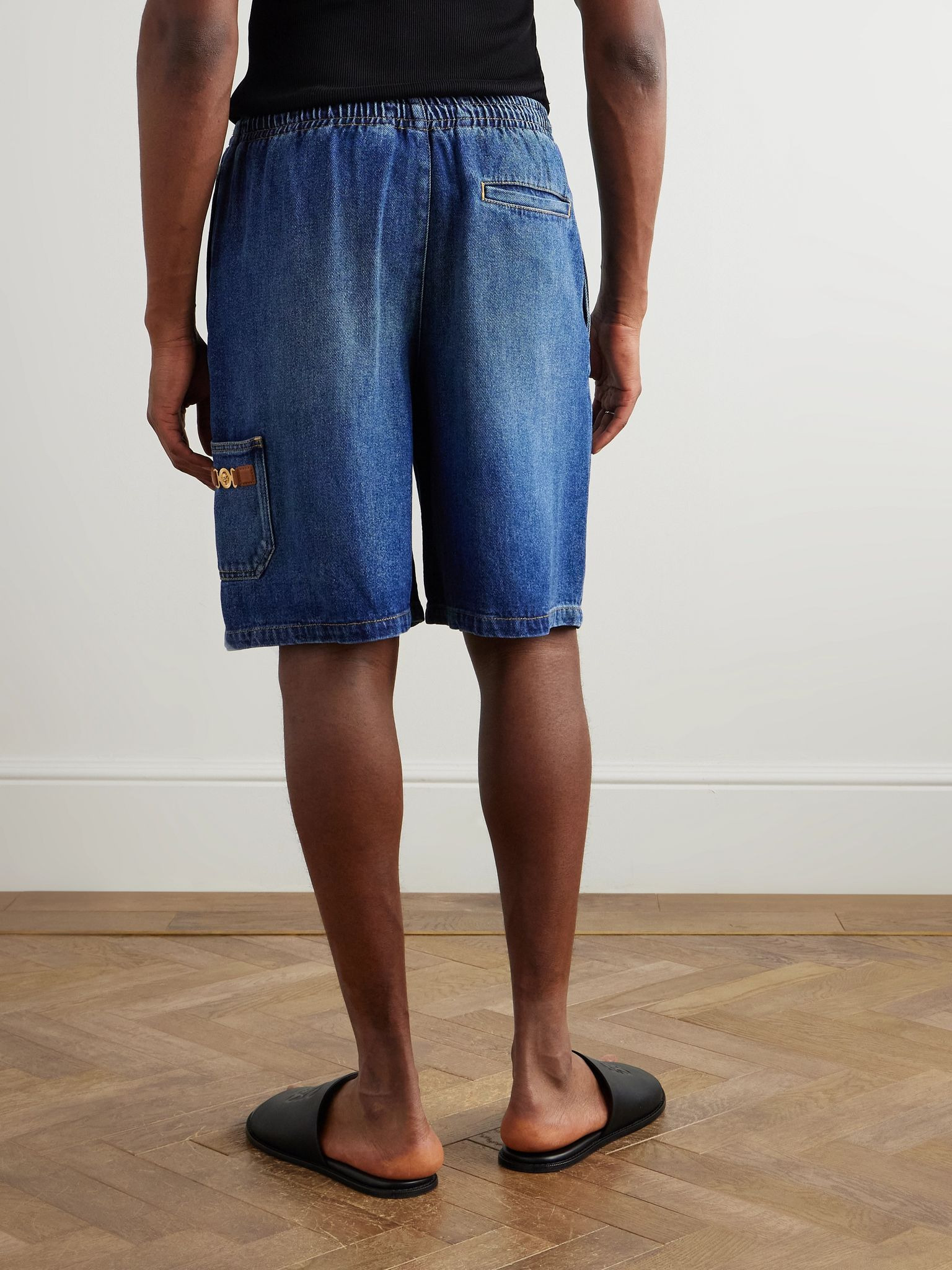 Straight-Leg Horsebit-Embellished Denim Shorts Blue - 4