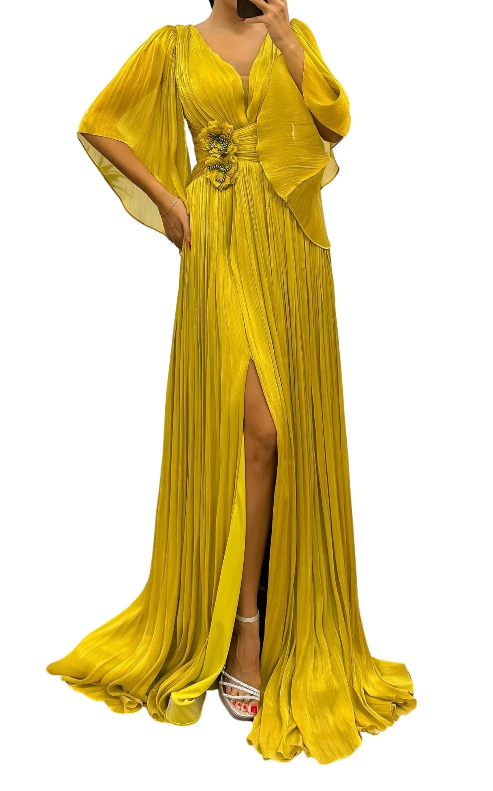Cult Moda - Elegant Chiffon Evening Dress Gown with Floral Brooch - 5