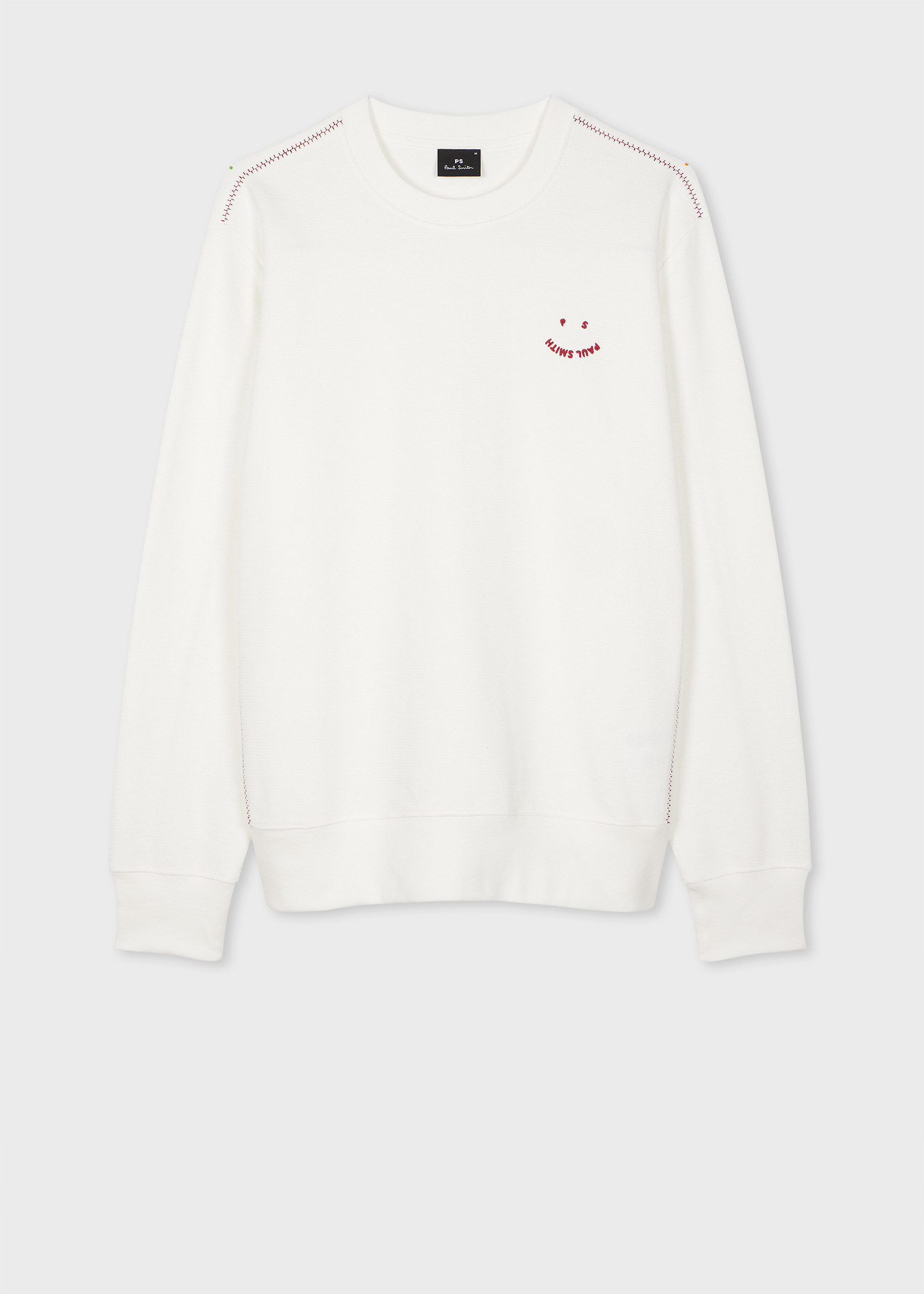 White Cotton-Blend 'Happy' Blanket-Stitch Sweatshirt - 1