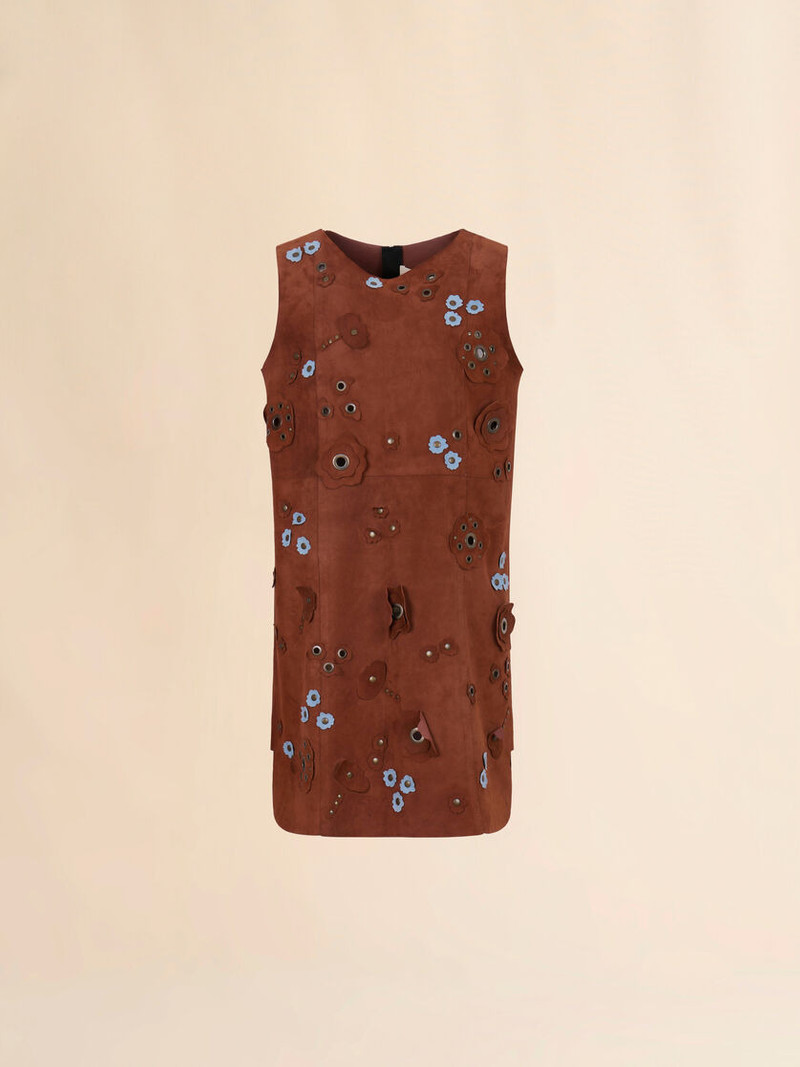 BROWN SUEDE DRESS WITH DAISY APPLIQUÉS 1